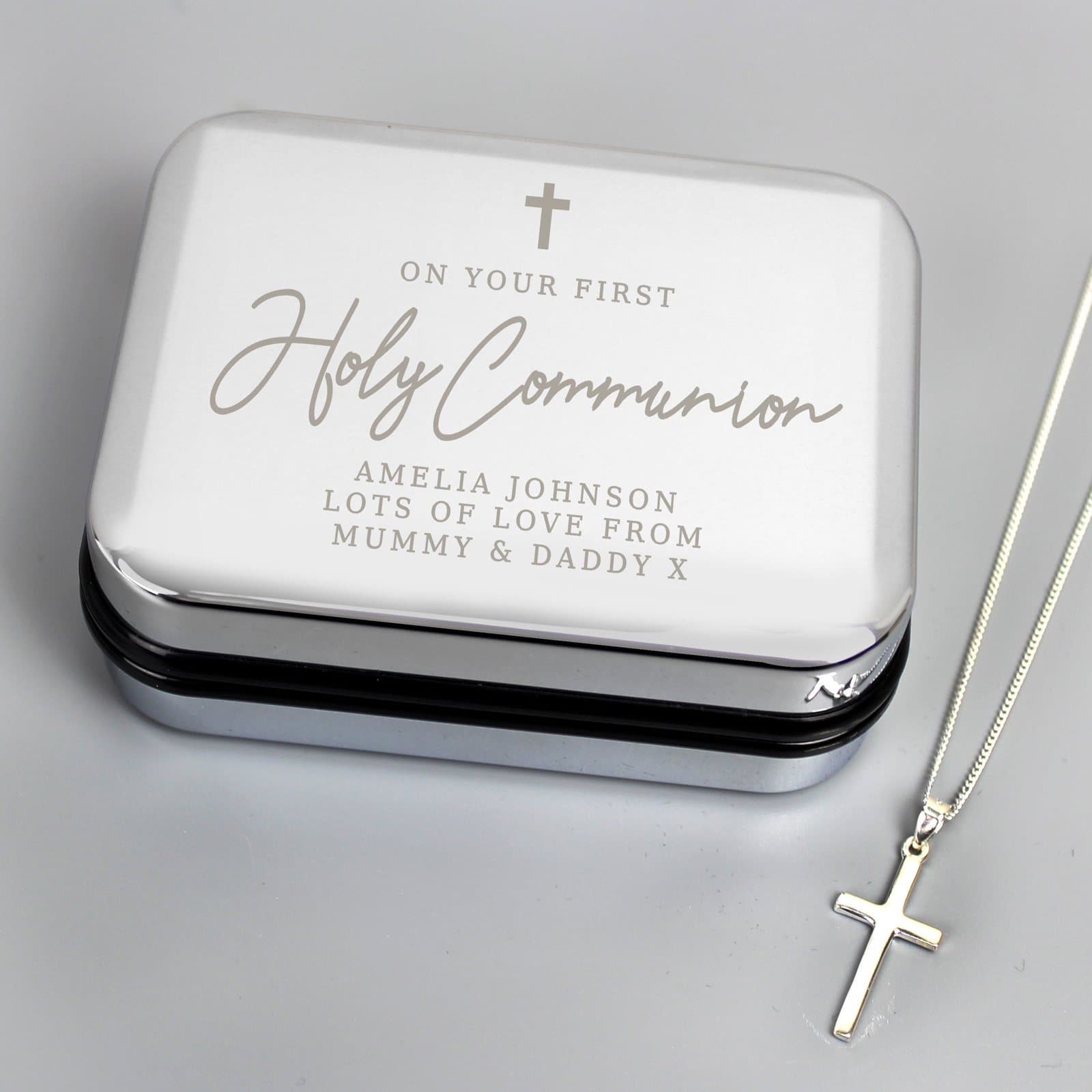 Personalised First Holy Communion box with a cross necklace