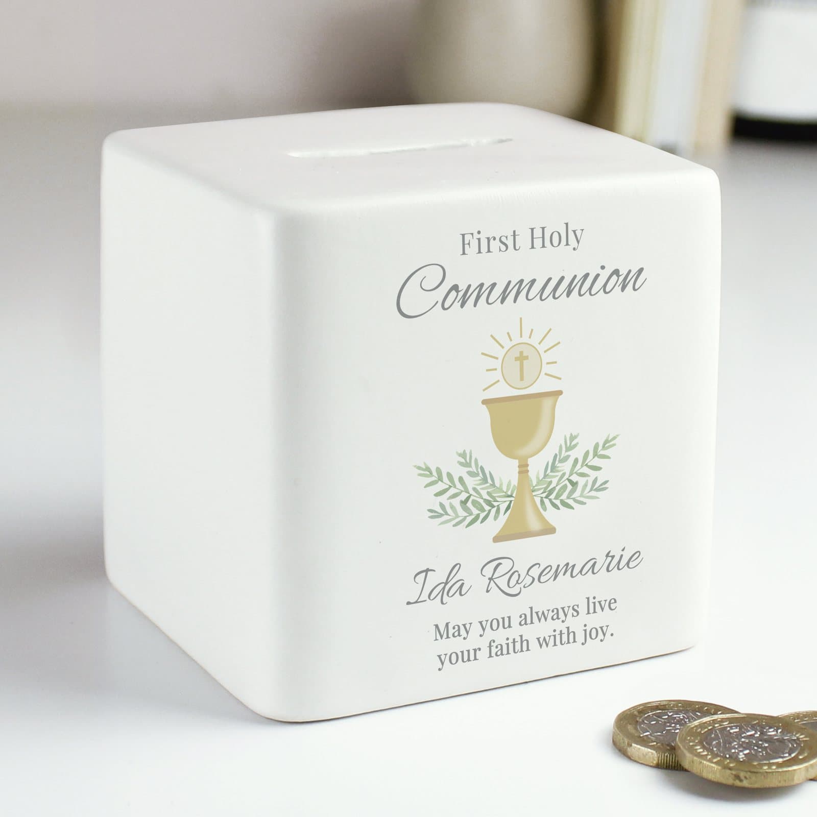 Ceramic square money box with personalised First Holy Communion text