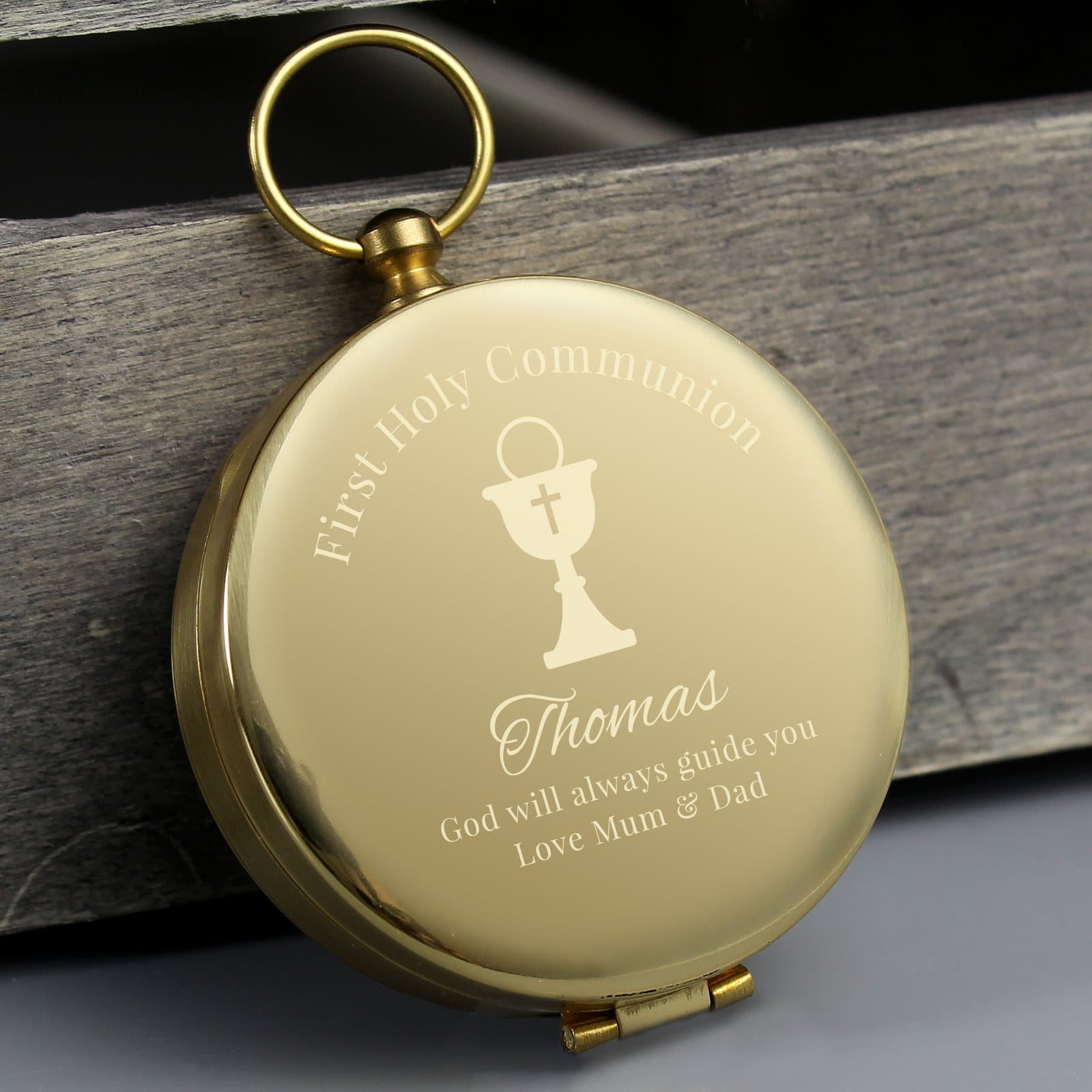 Brushed metal effect compass with personalised First Holy Communion text