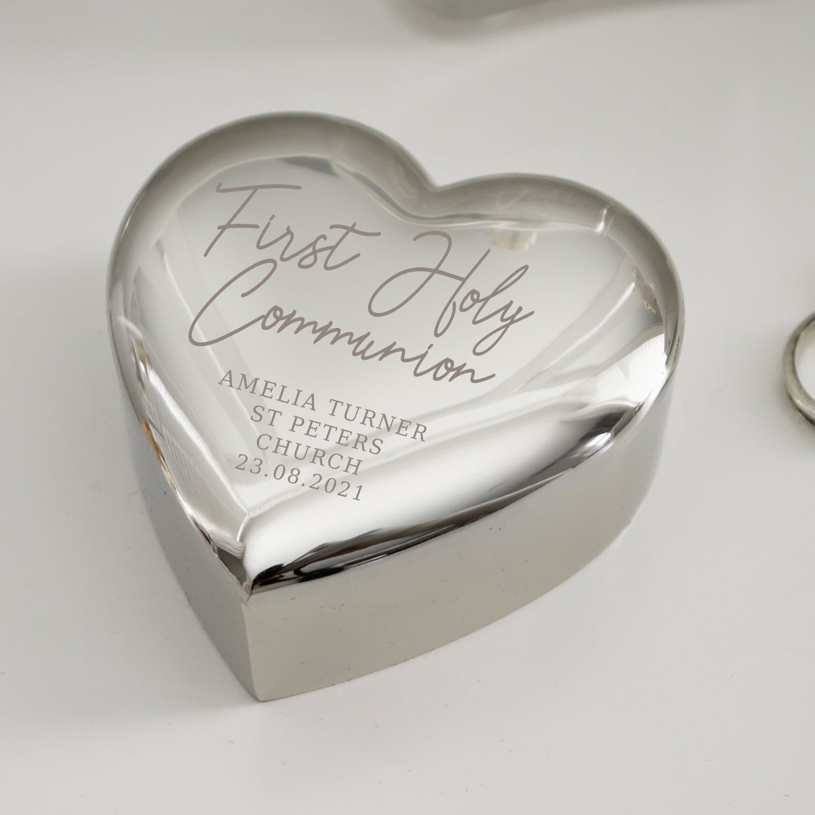 Heart shaped trinket box with personalised First Holy Communion text