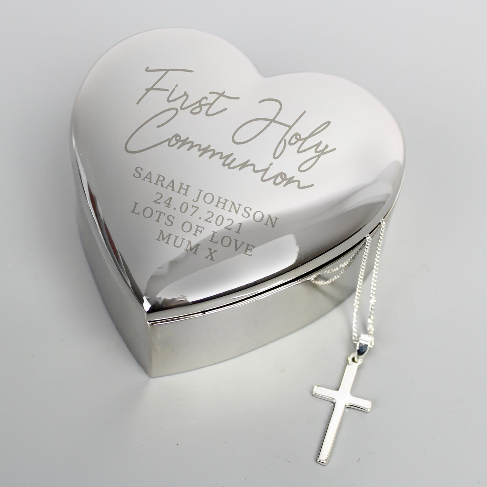 Personalised heart trinket box with a cross necklace