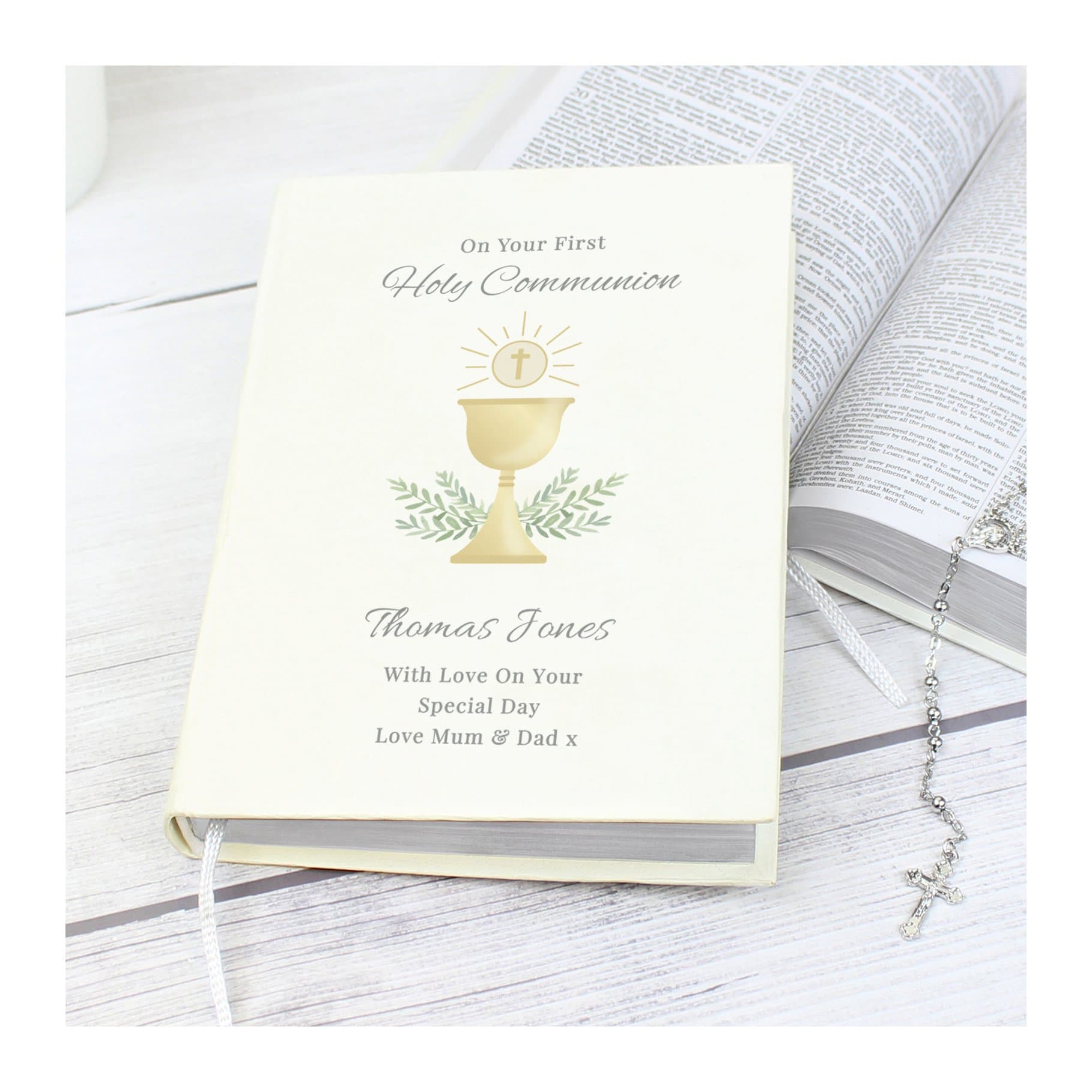 Personalised First Holy Communion Holy Bible with a leatherette cover
