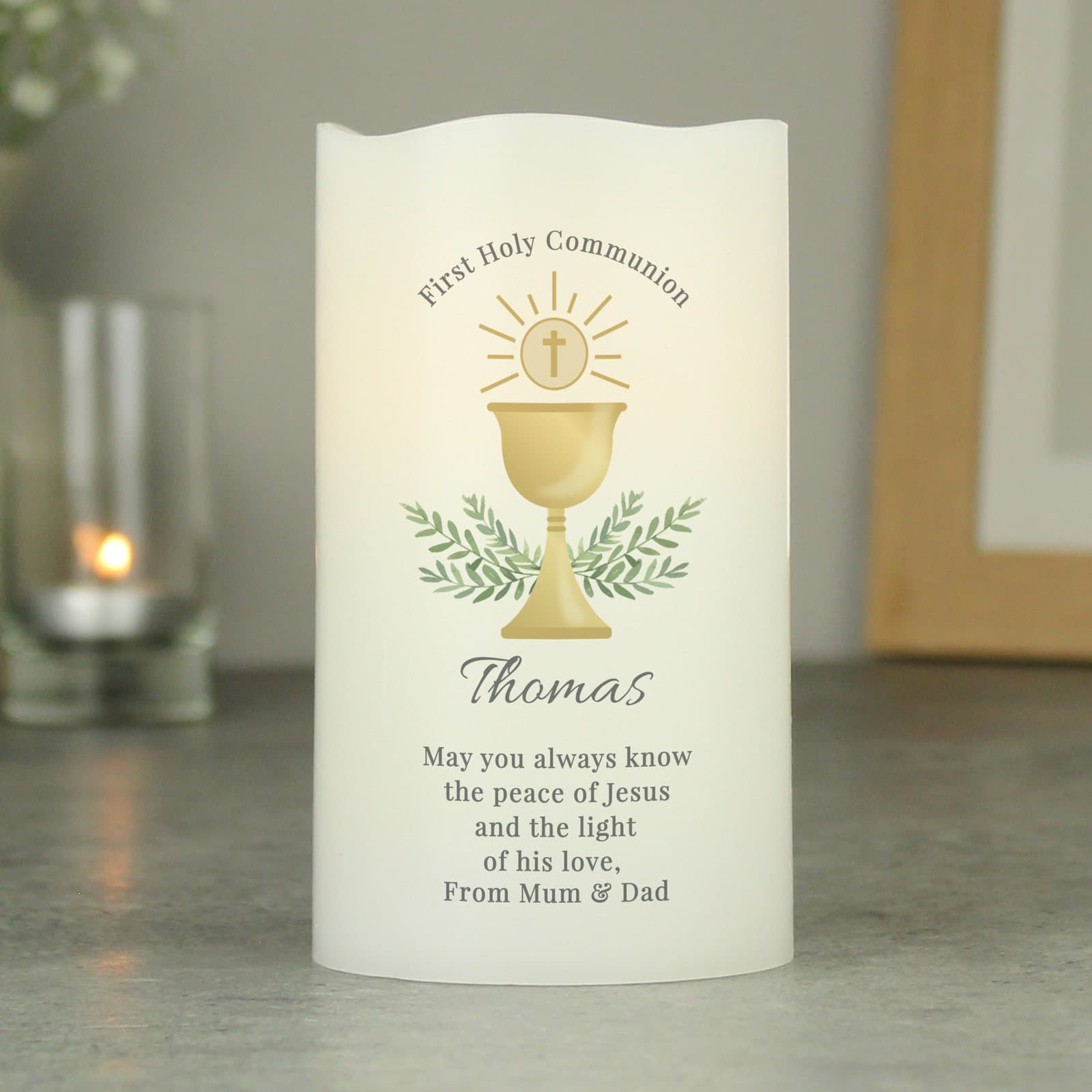 LED pillar candle personalised with a name and message for a First Holy Communion