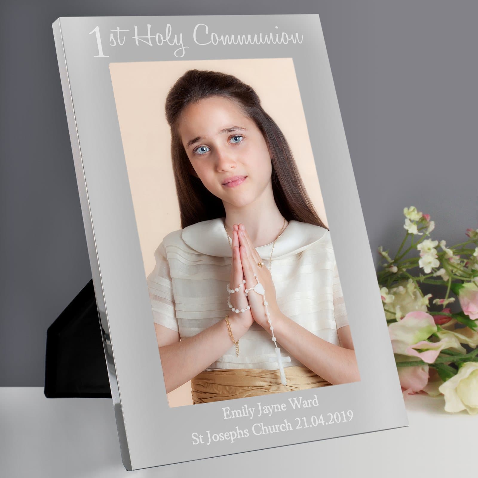 Aluminium portrait photo frame with 1st Holy Communion text and personalised lines