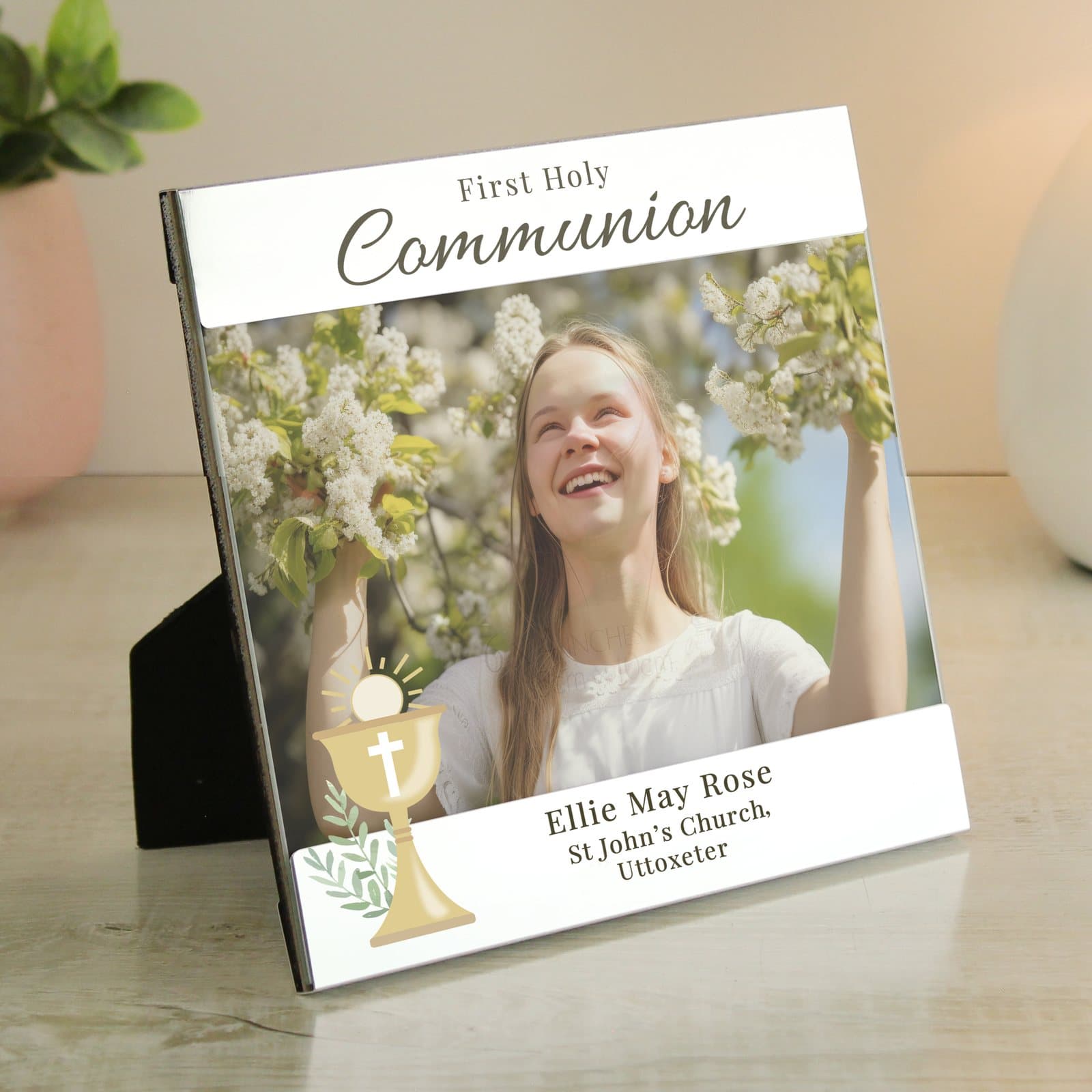 Silver square photo frame with First Holy Communion text and three personalised lines