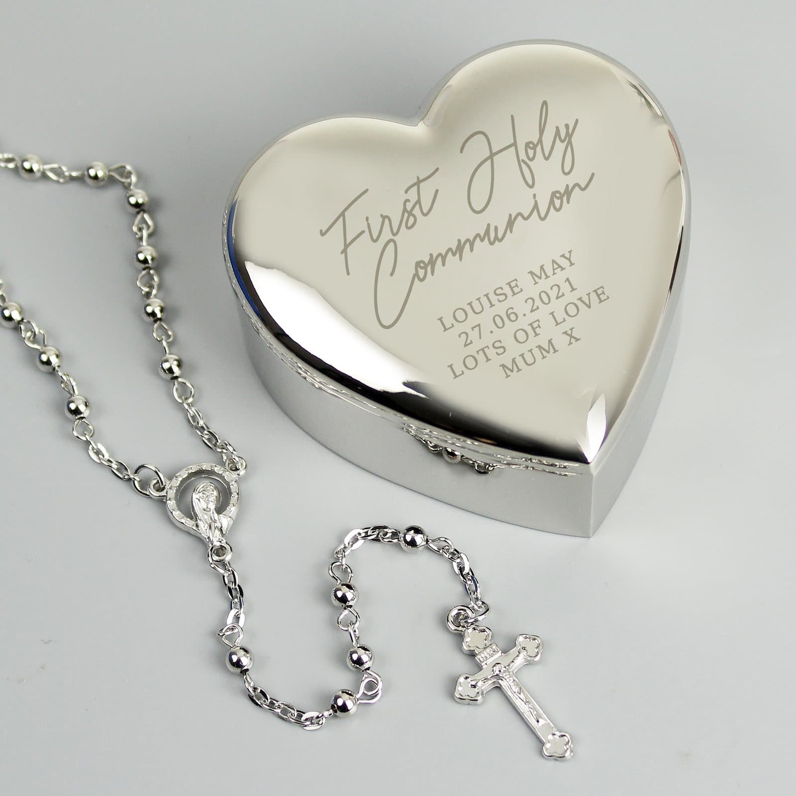 Heart trinket box with rosary beads and an organza bag
