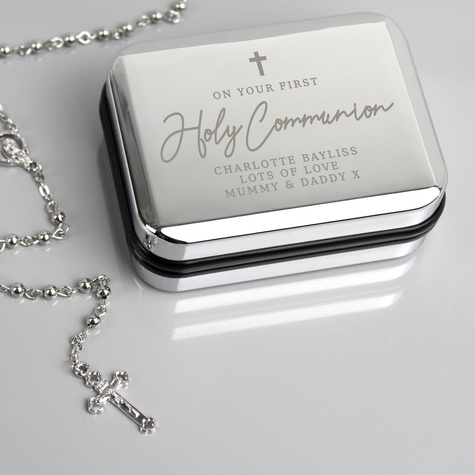 Nickel plated trinket box with rosary beads in an organza bag