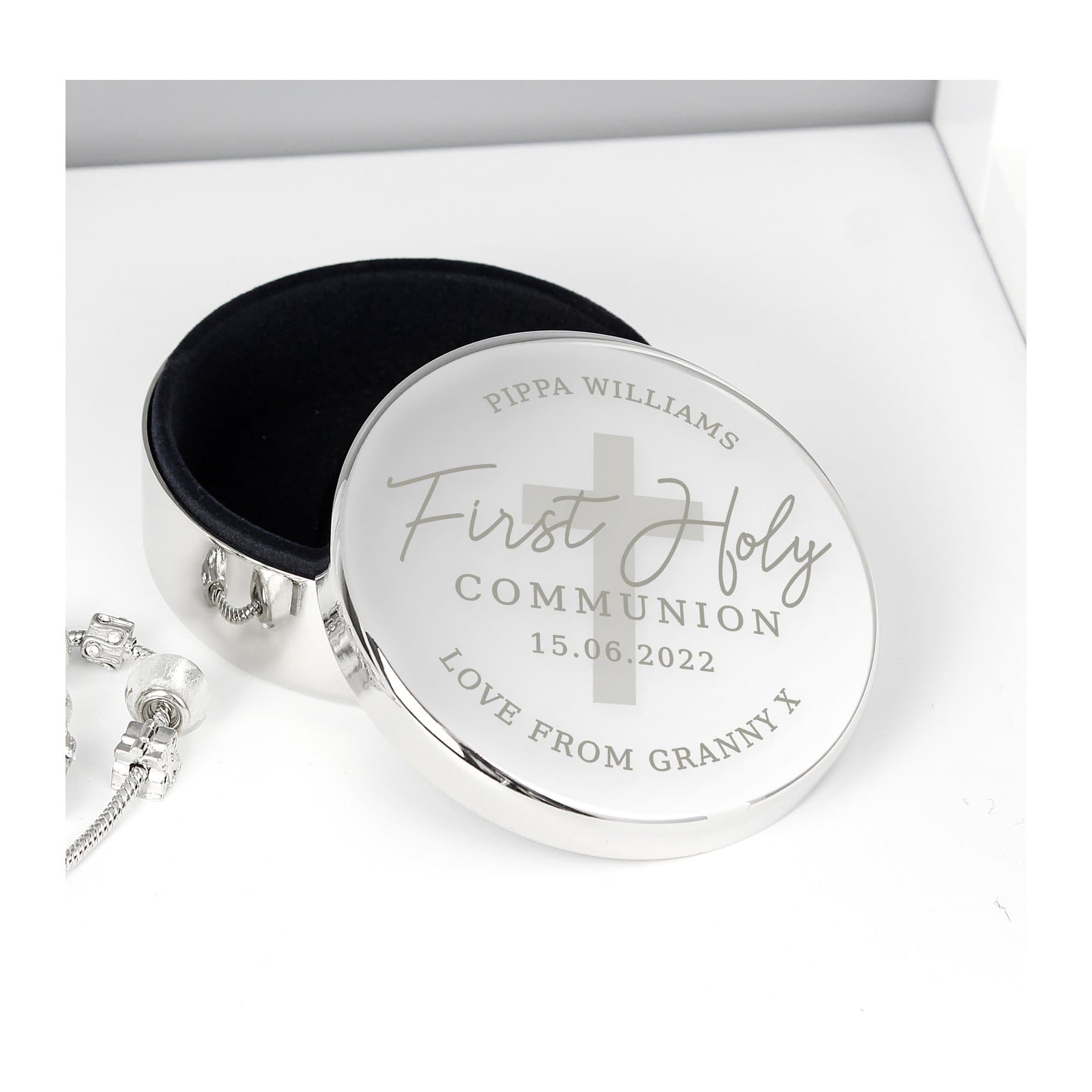 Round trinket box personalised for a First Holy Communion