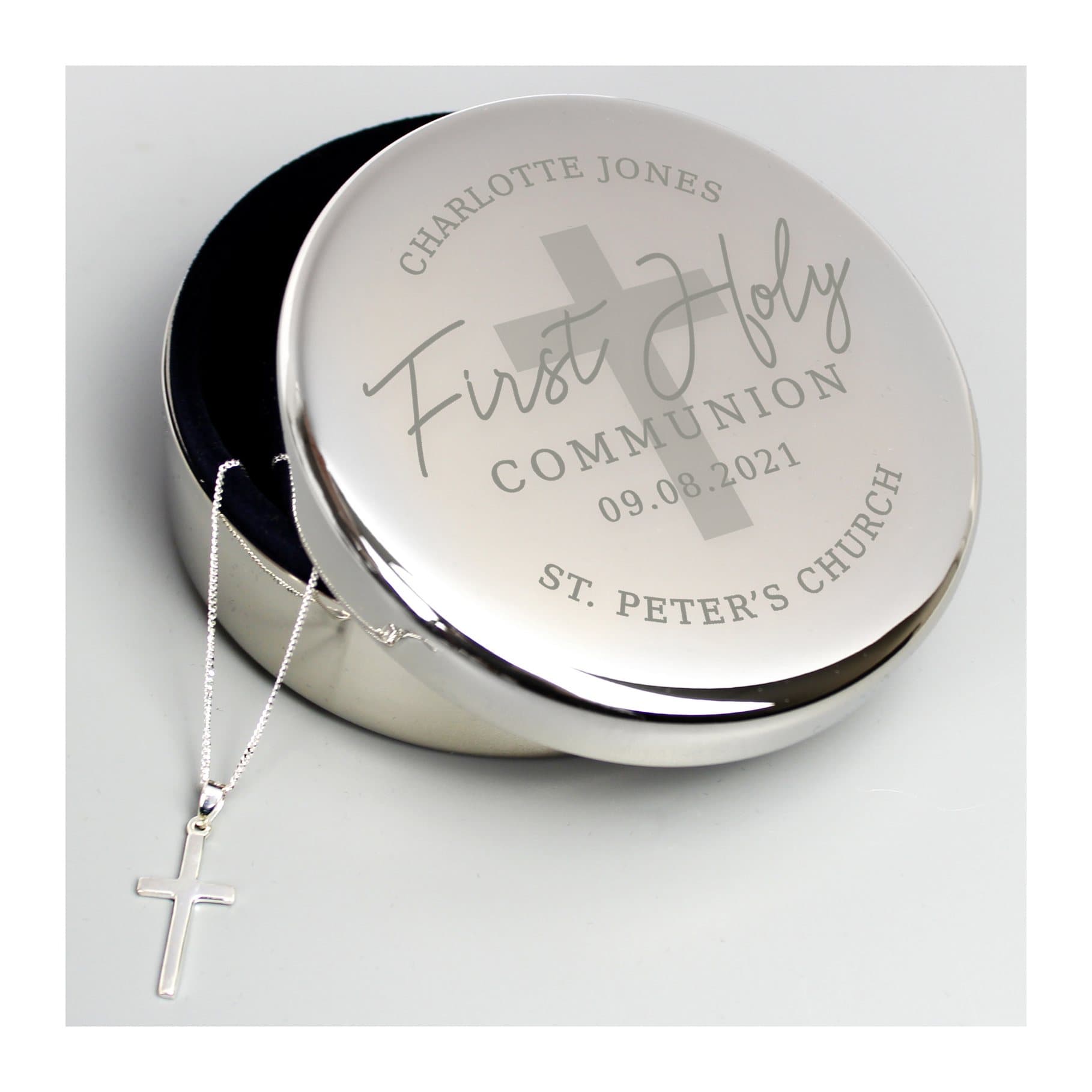 Round First Holy Communion trinket box with a cross necklace