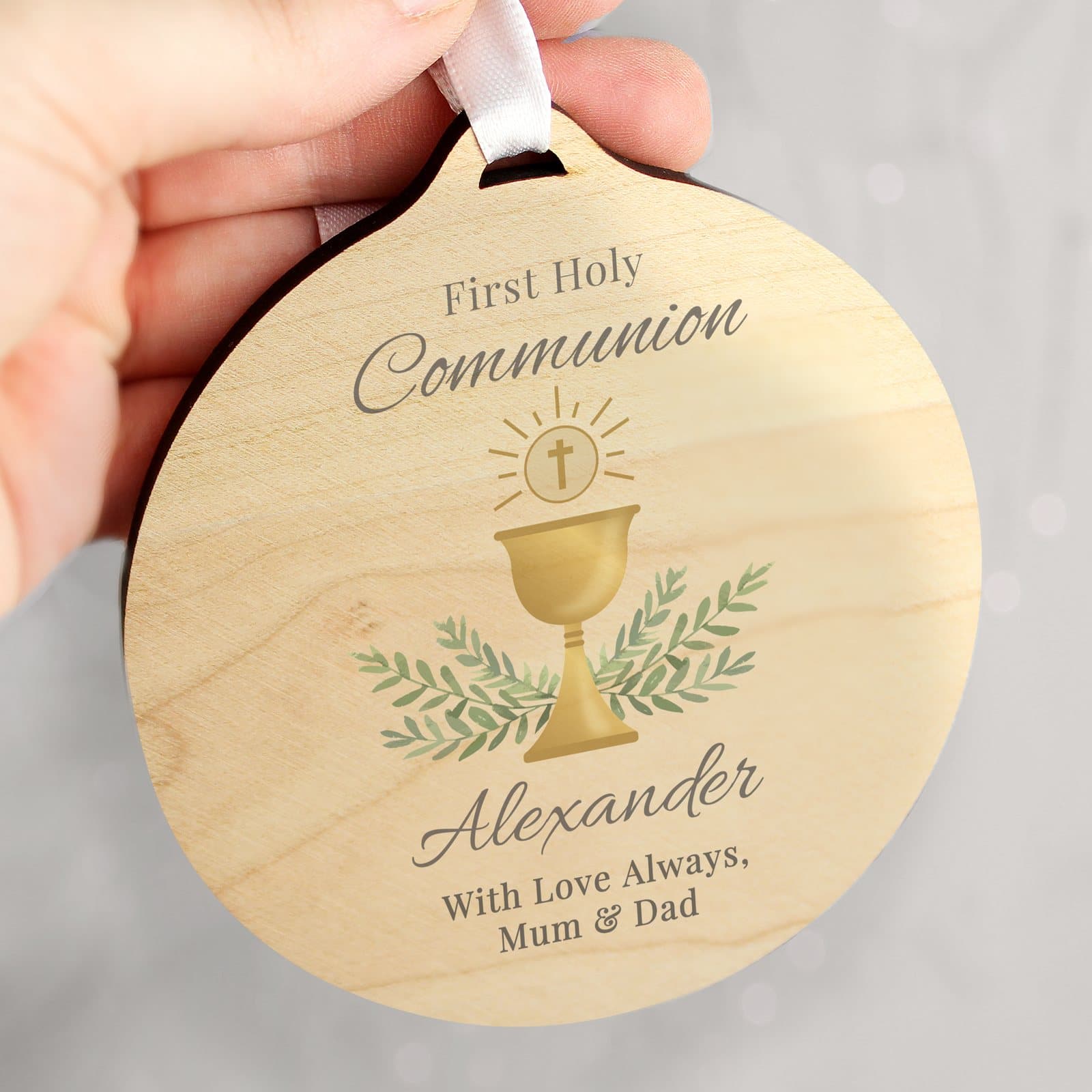 Round wooden First Holy Communion decoration with ribbon