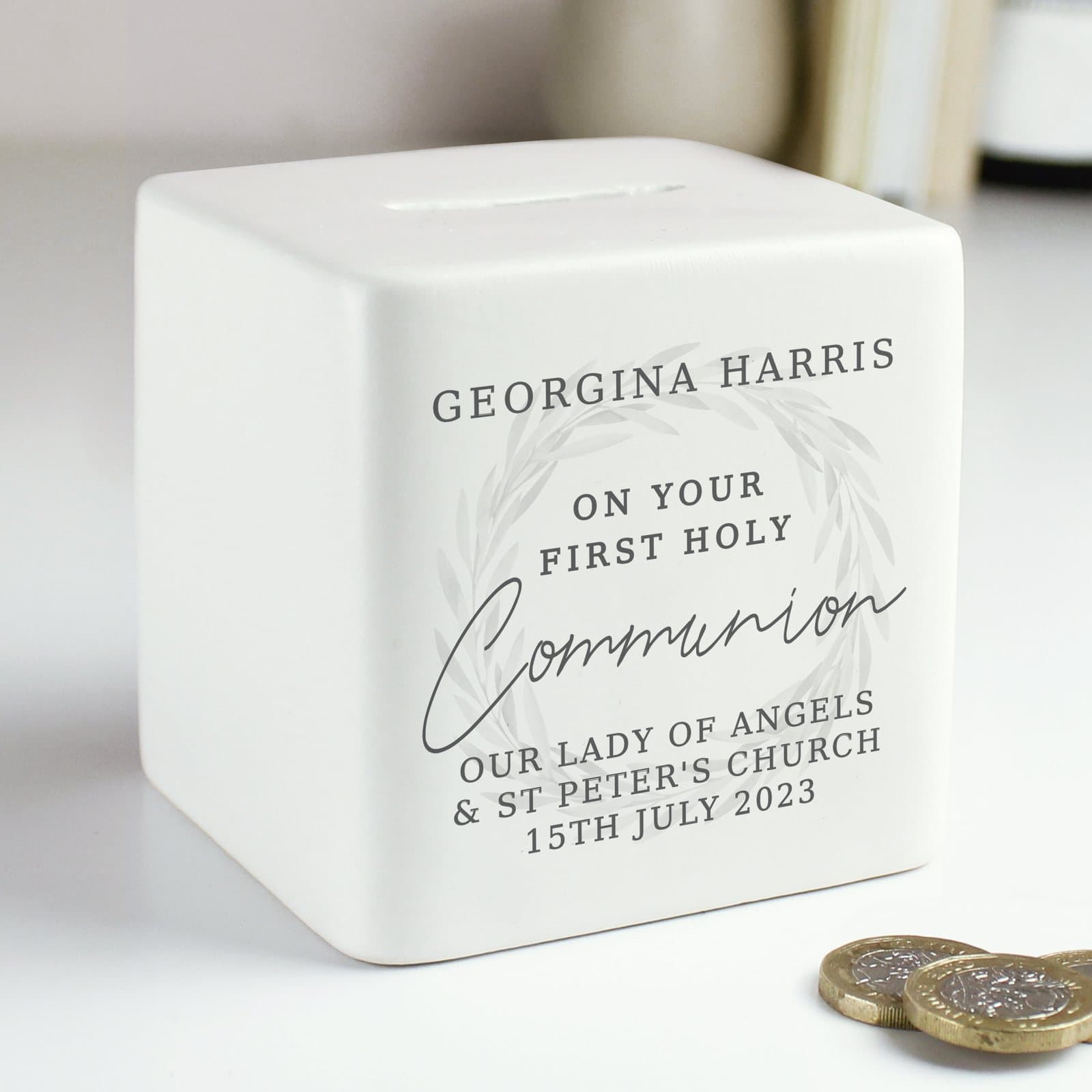 Square ceramic First Holy Communion money box