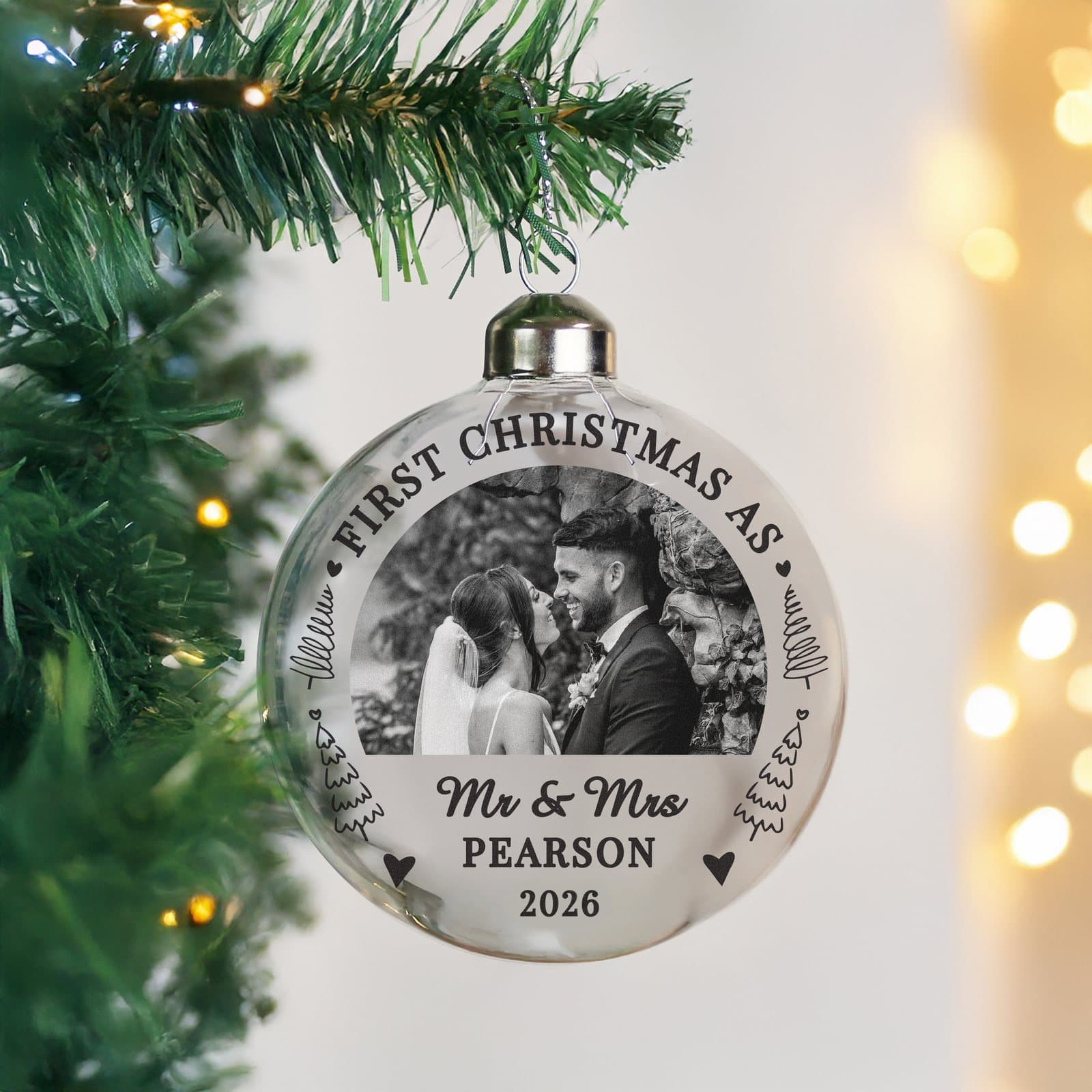 Glass first married Christmas bauble with a photo above a short message