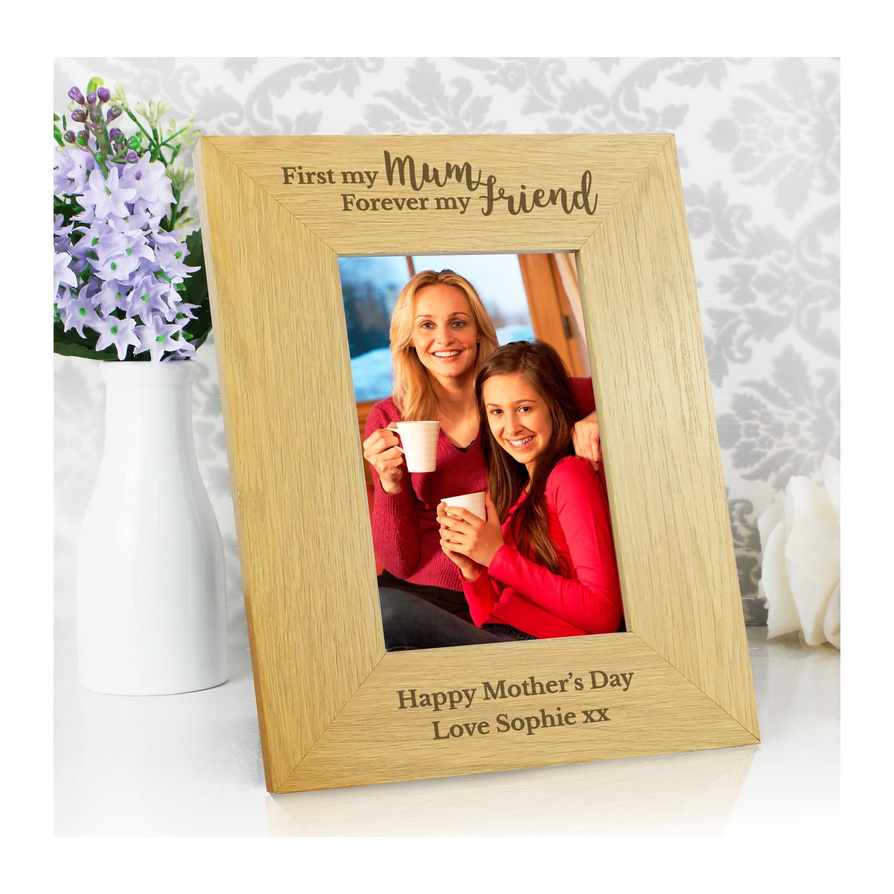 Oak finish wooden photo frame with First my mum and Forever my friend text