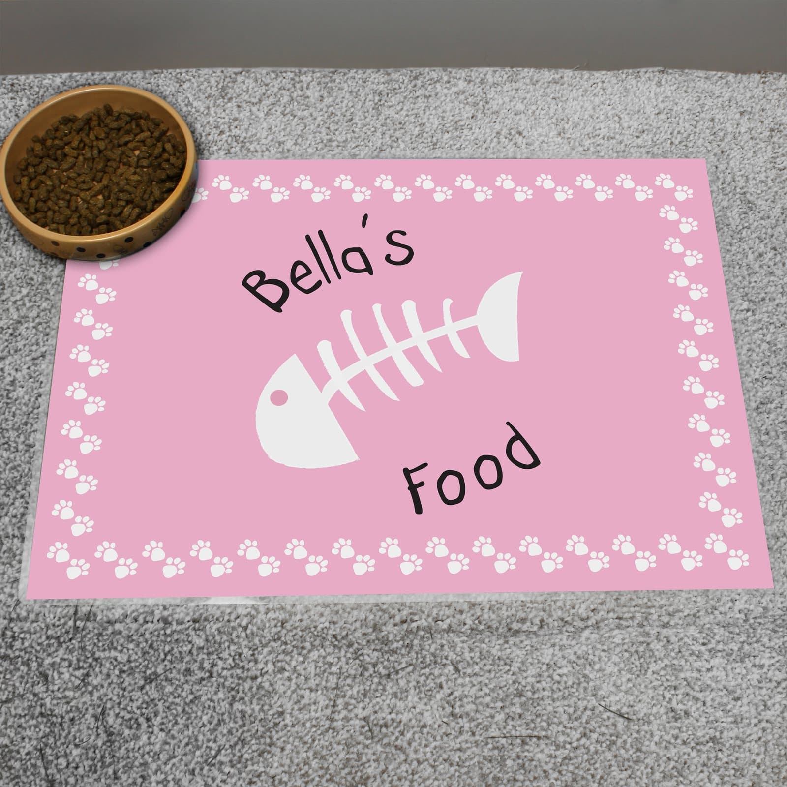Personalised fish bone cat pet bowl mat in pink or blue