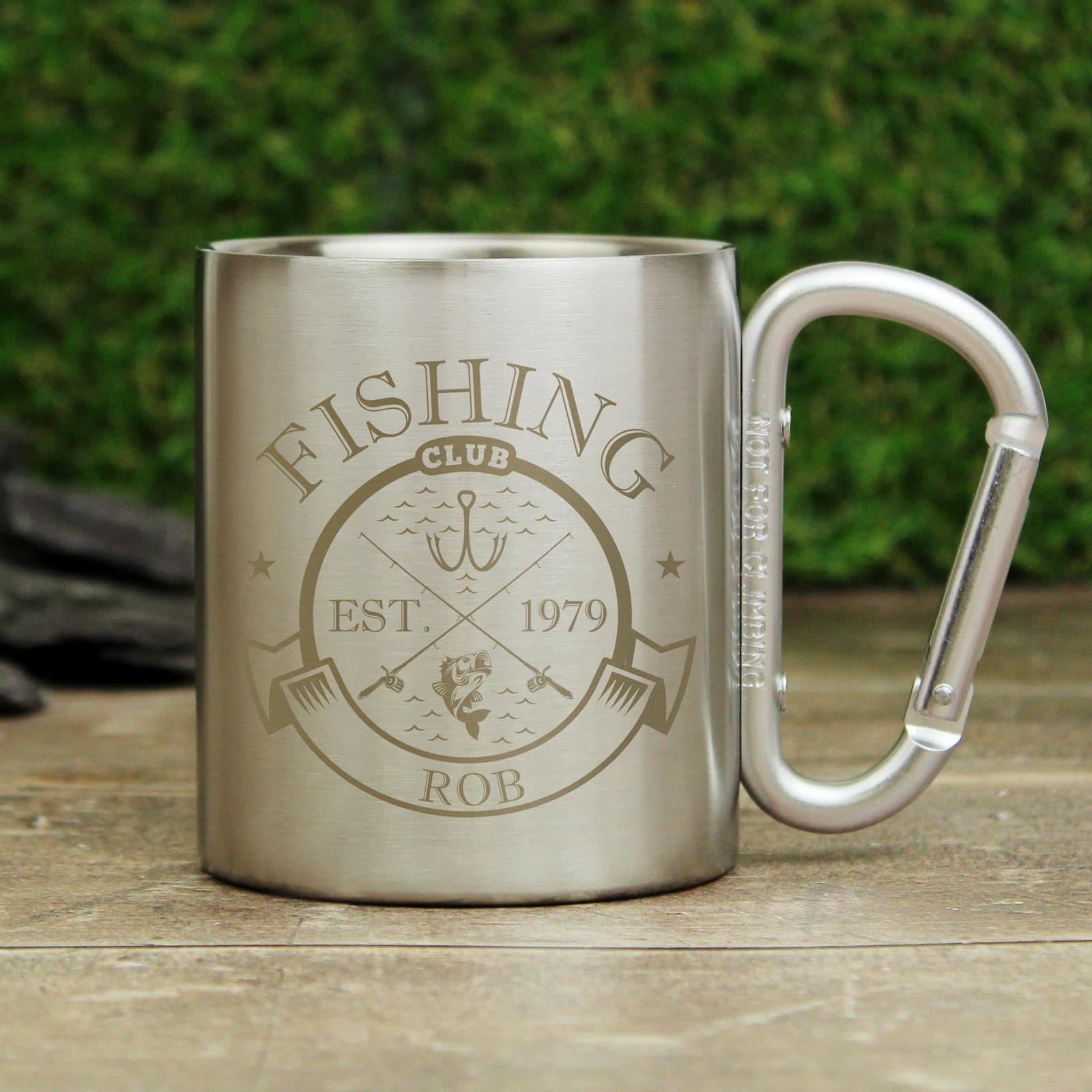 Personalised stainless steel mug with a Fishing Club EST. design, a name and a year