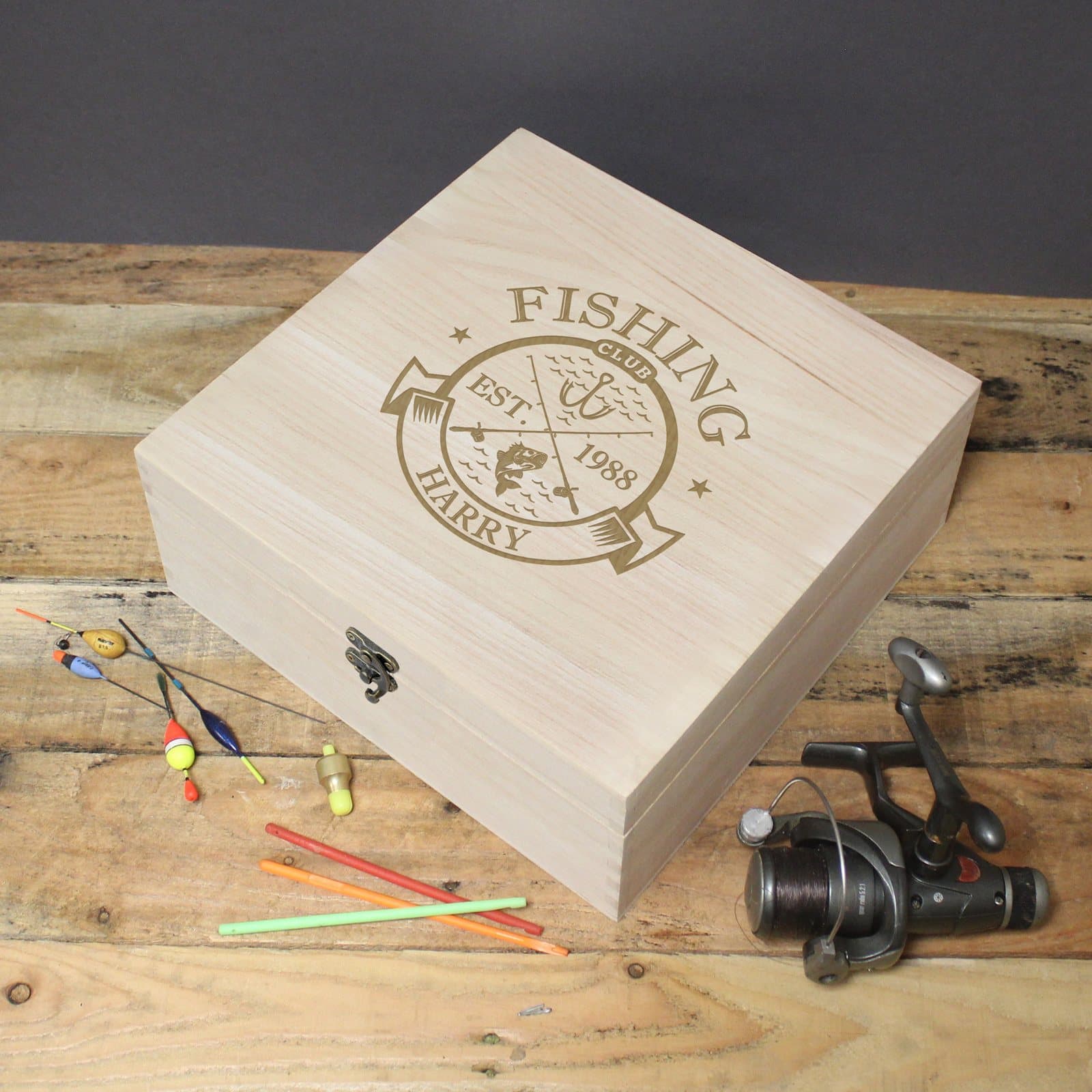 Wooden fishing club keepsake box with a metal clasp