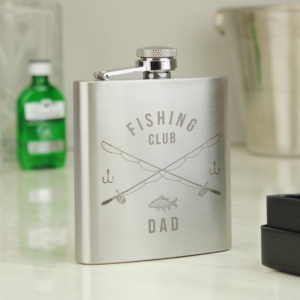 Stainless steel fishing hip flask personalised with a name or message