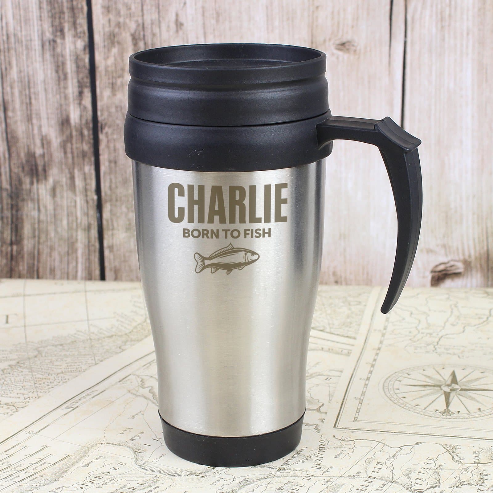 Personalised stainless steel fishing travel mug with sliding sip cover