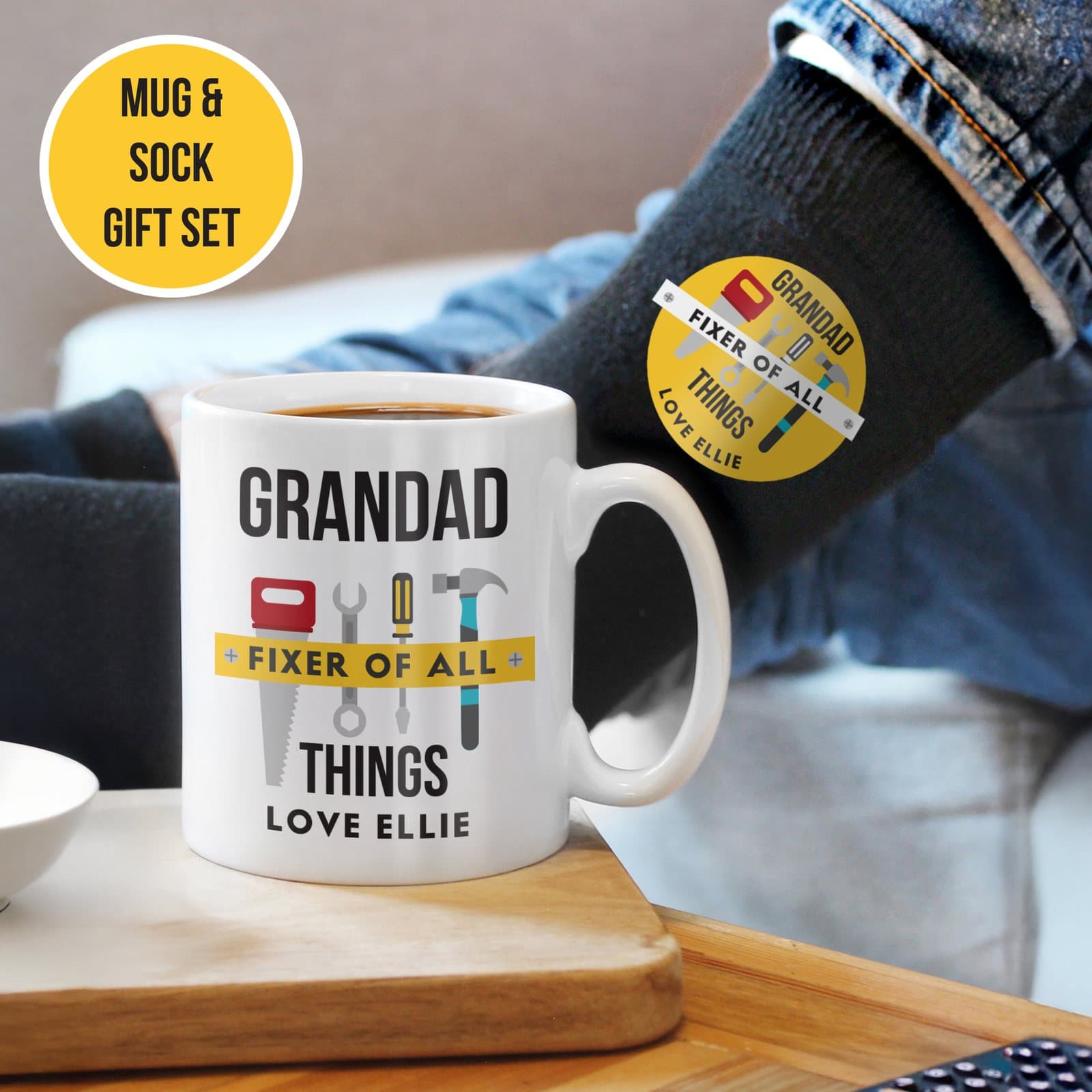 Personalised Fixer of All Things mug with a pair of matching black socks
