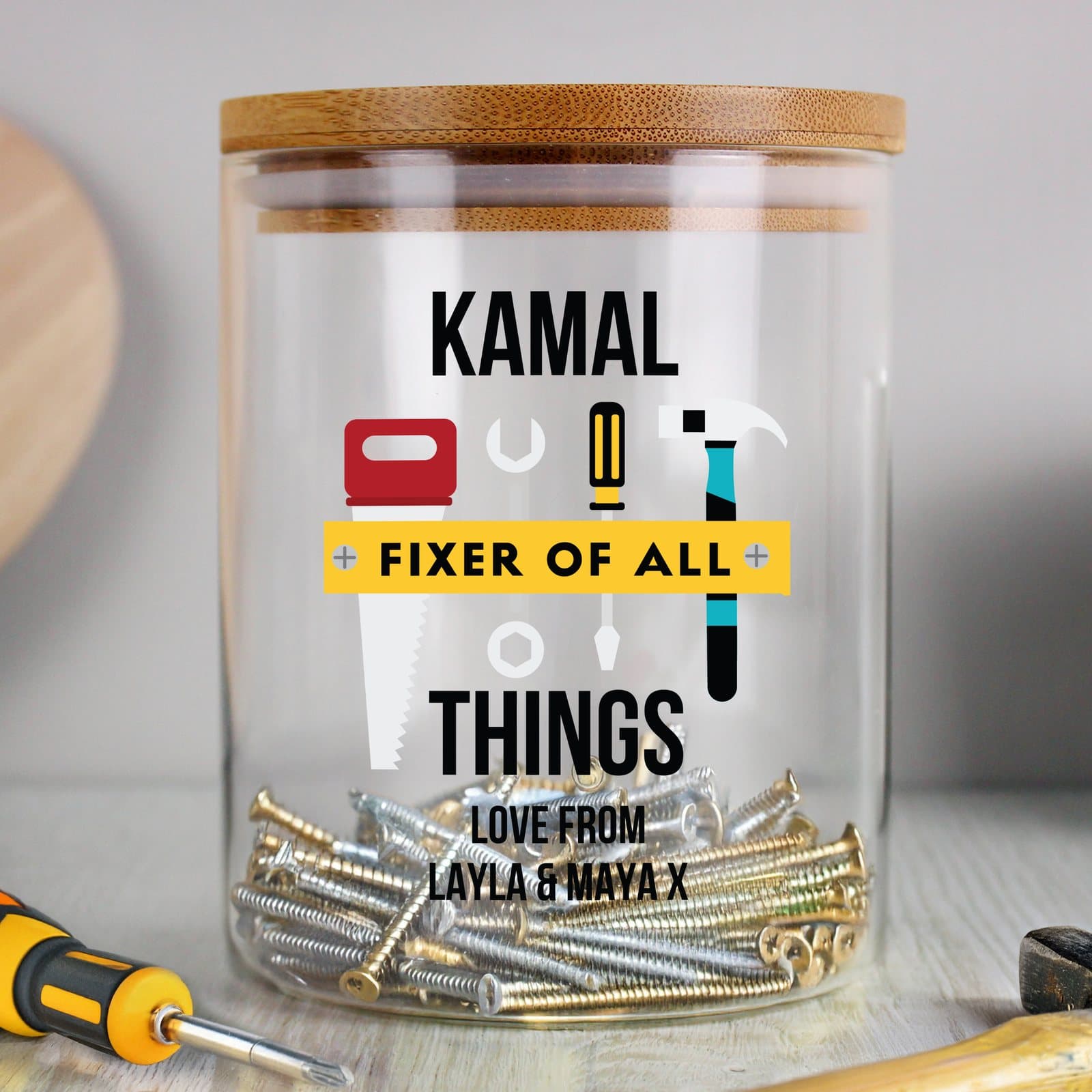 Glass storage jar with bamboo lid and Fixer of All Things personalised text