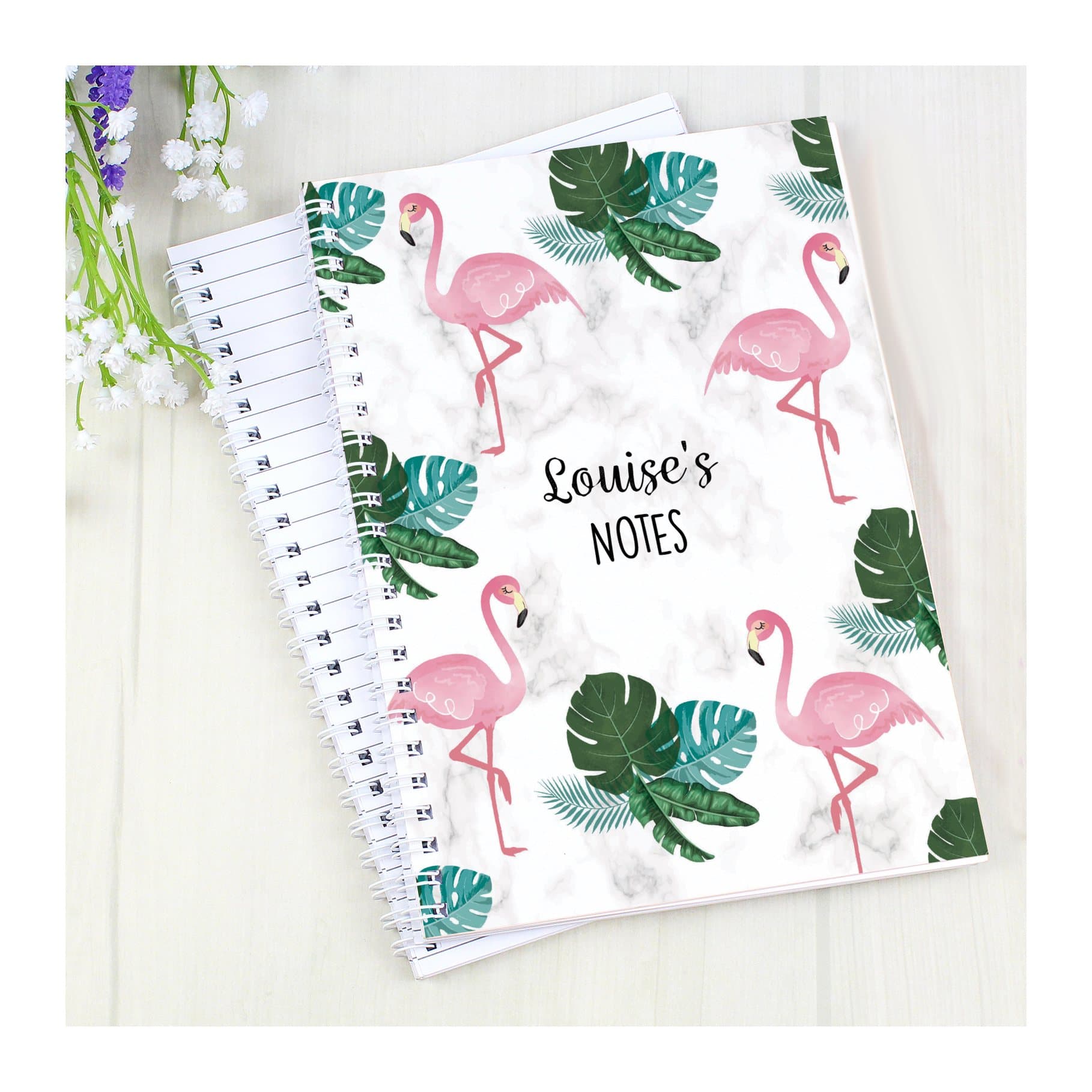 Personalised flamingo A5 notebook with two lines of text
