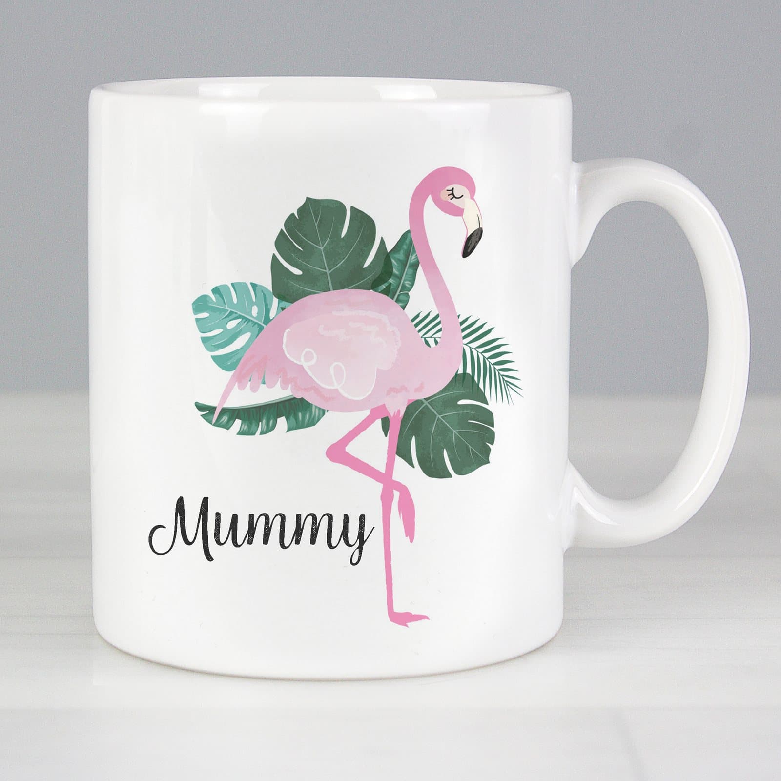 Slim floral ceramic flamingo mug with a personalised name on the front