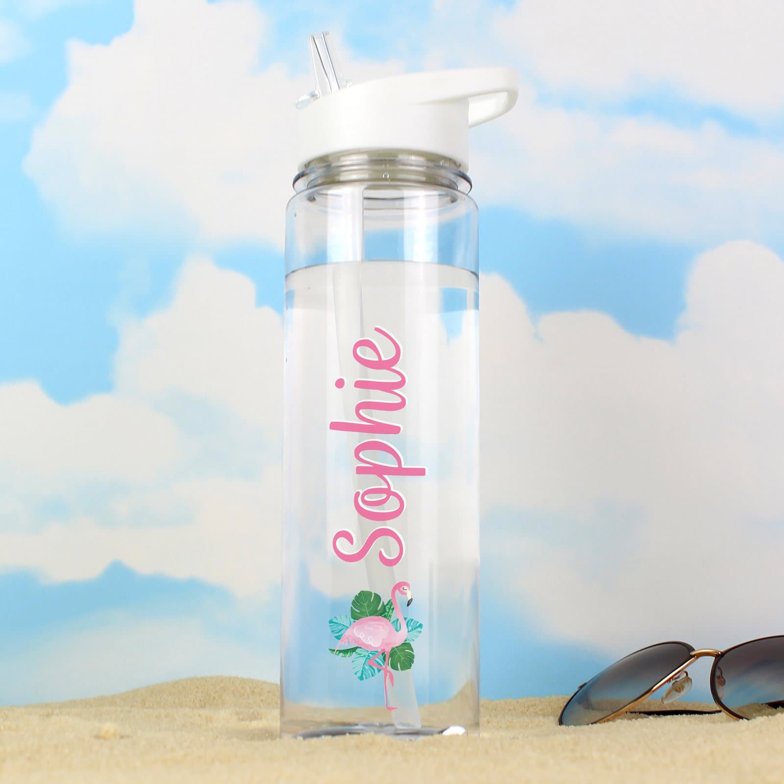 Personalised flamingo water bottle with white twist-on lid and flip-top straw spout