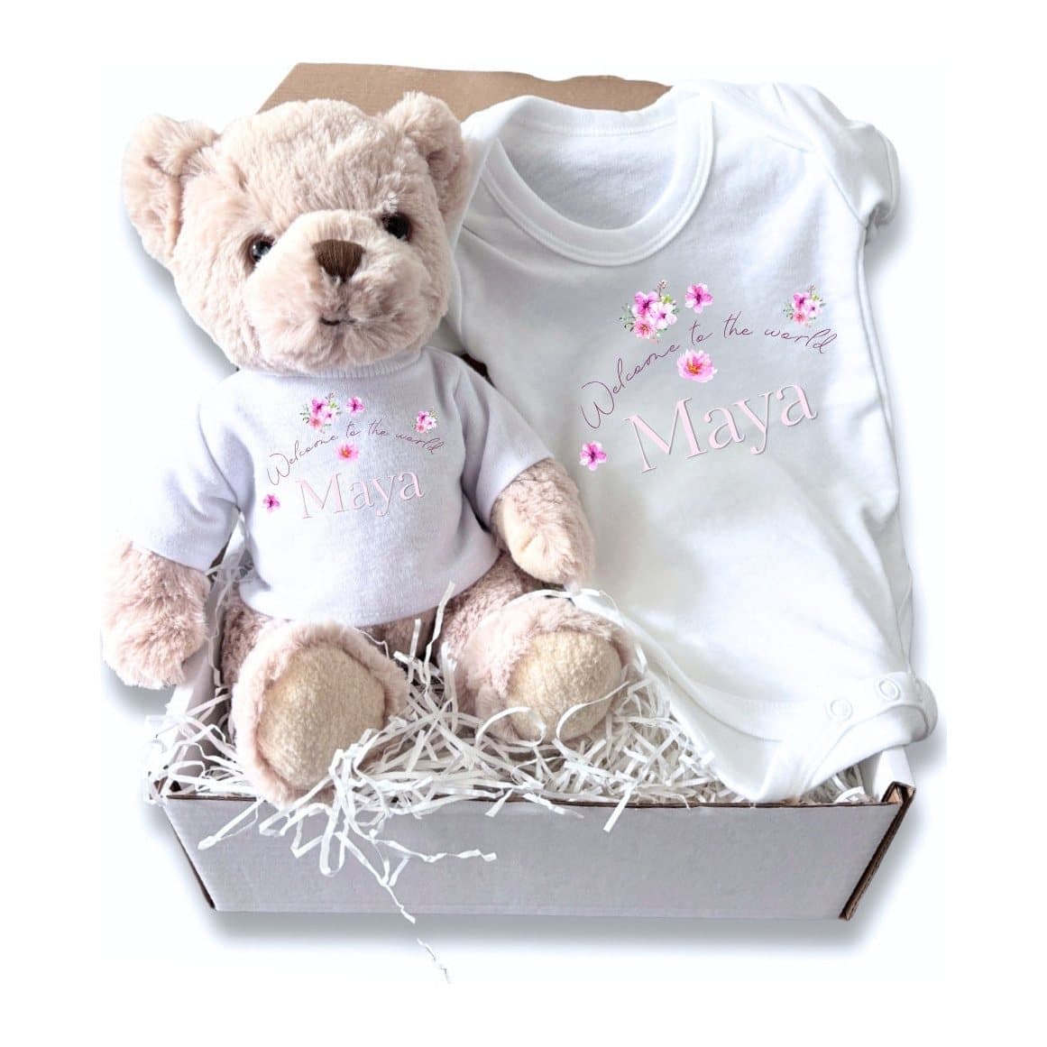 Personalised floating flowers baby gift box with a teddy bear and baby vest