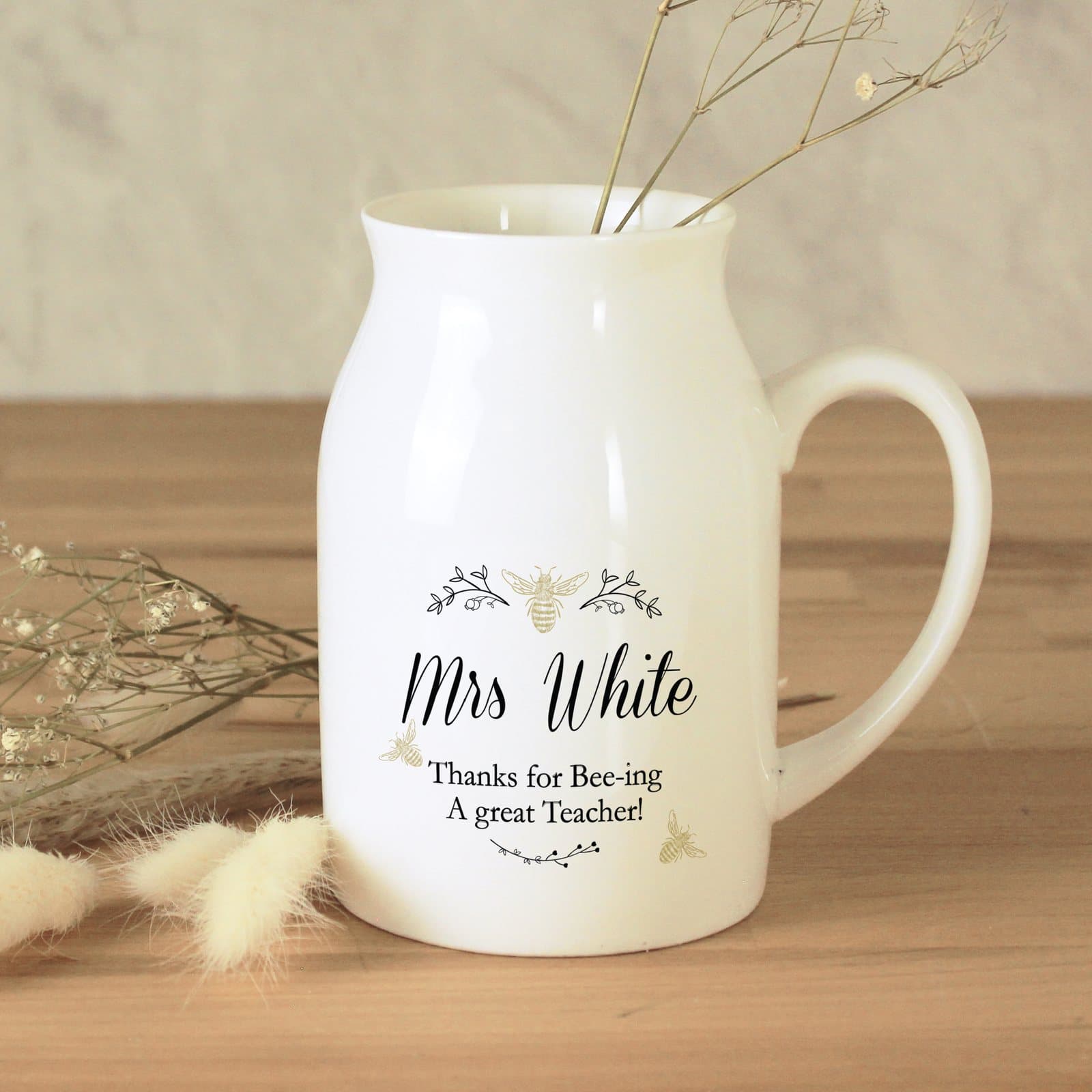 Ceramic bee flower jug vase with a personalised name and message