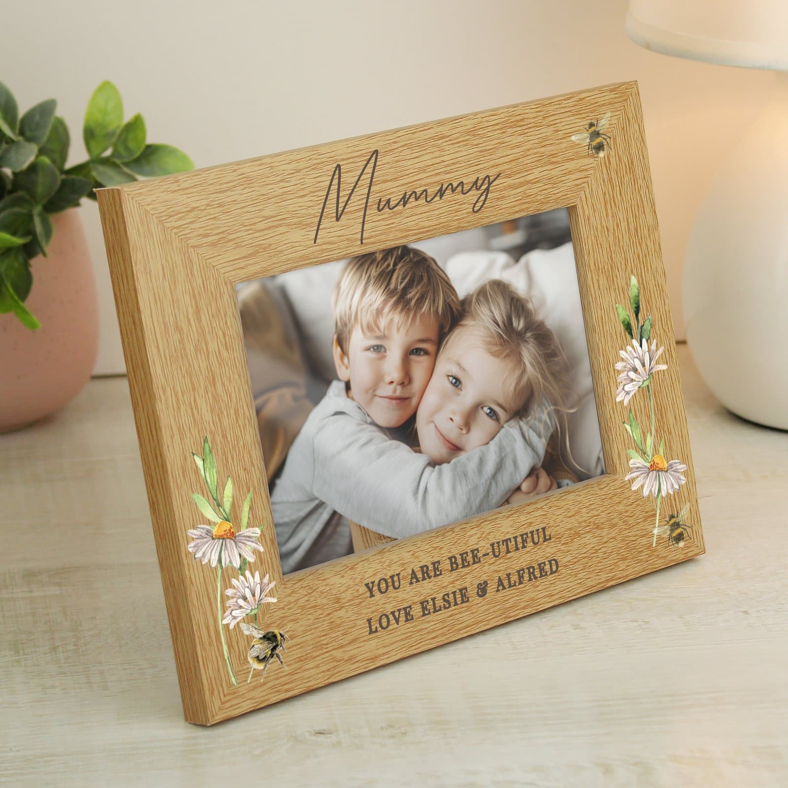 Oak veneer photo frame with a floral and bee design and a personalised message