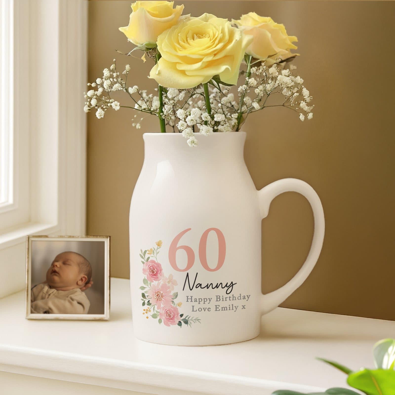 Ceramic floral birthday jug vase with a personalised age, name and message