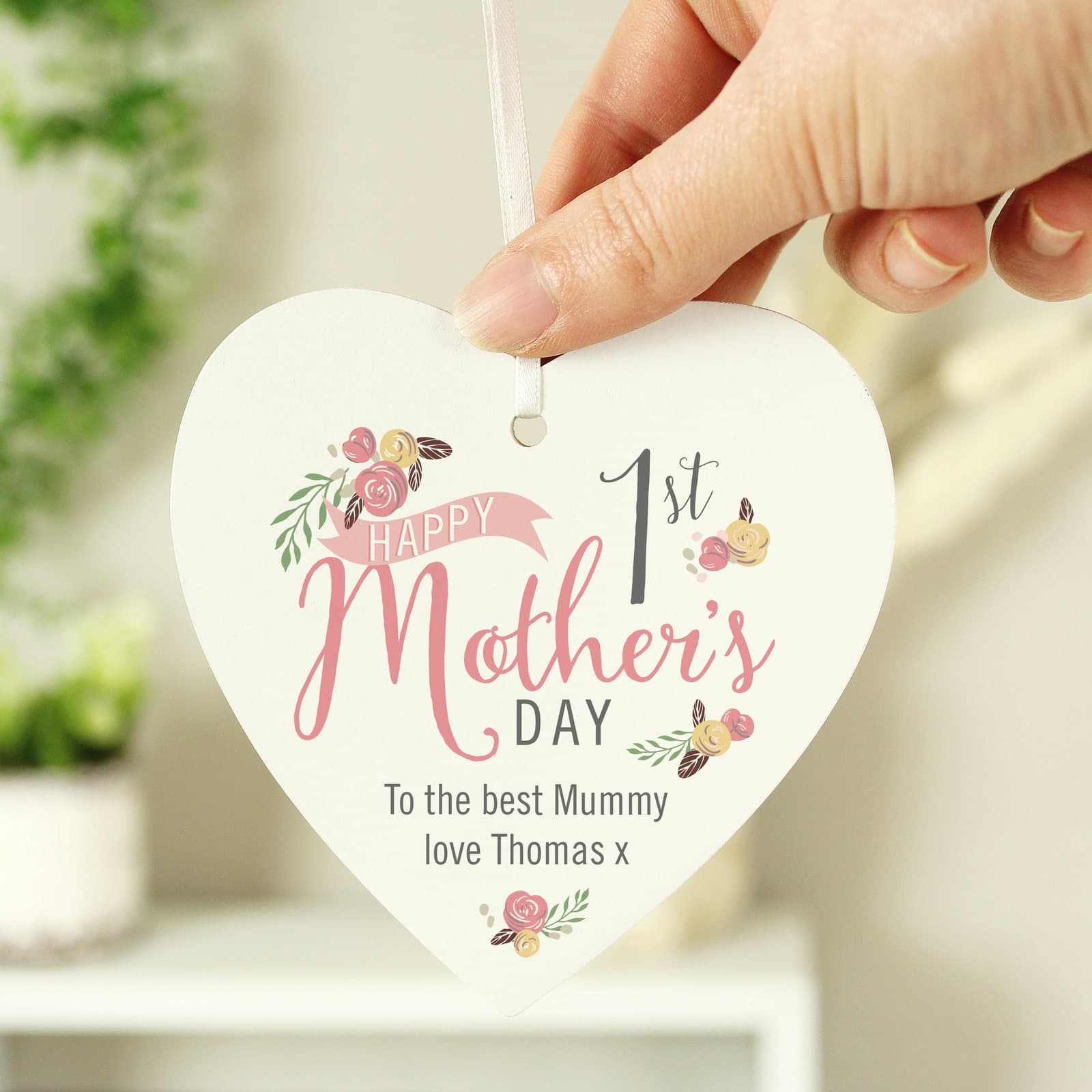 Wooden heart decoration with floral bouquet and 1st Mother's Day wording