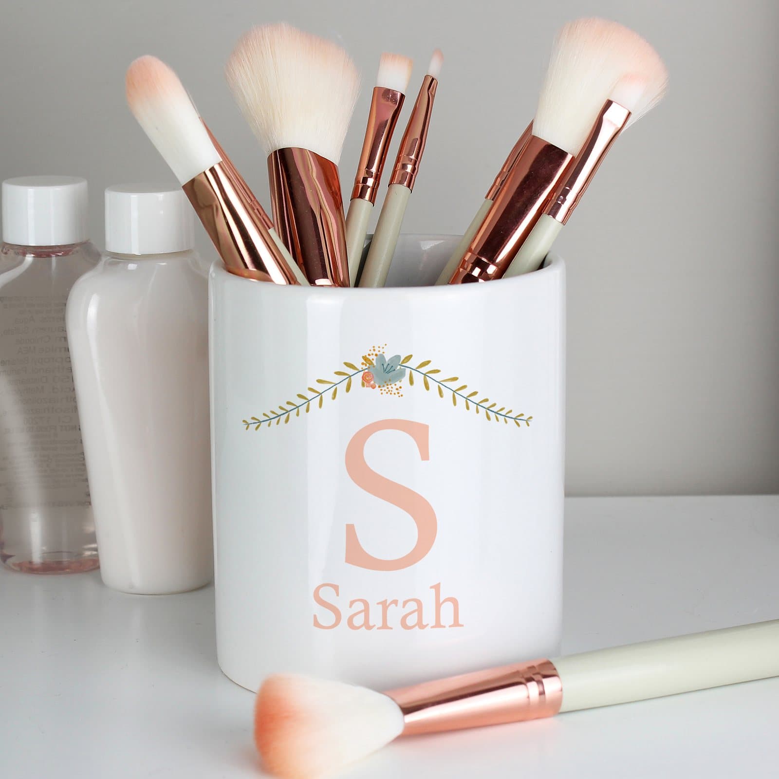 Ceramic floral bouquet storage pot with a personalised initial and name