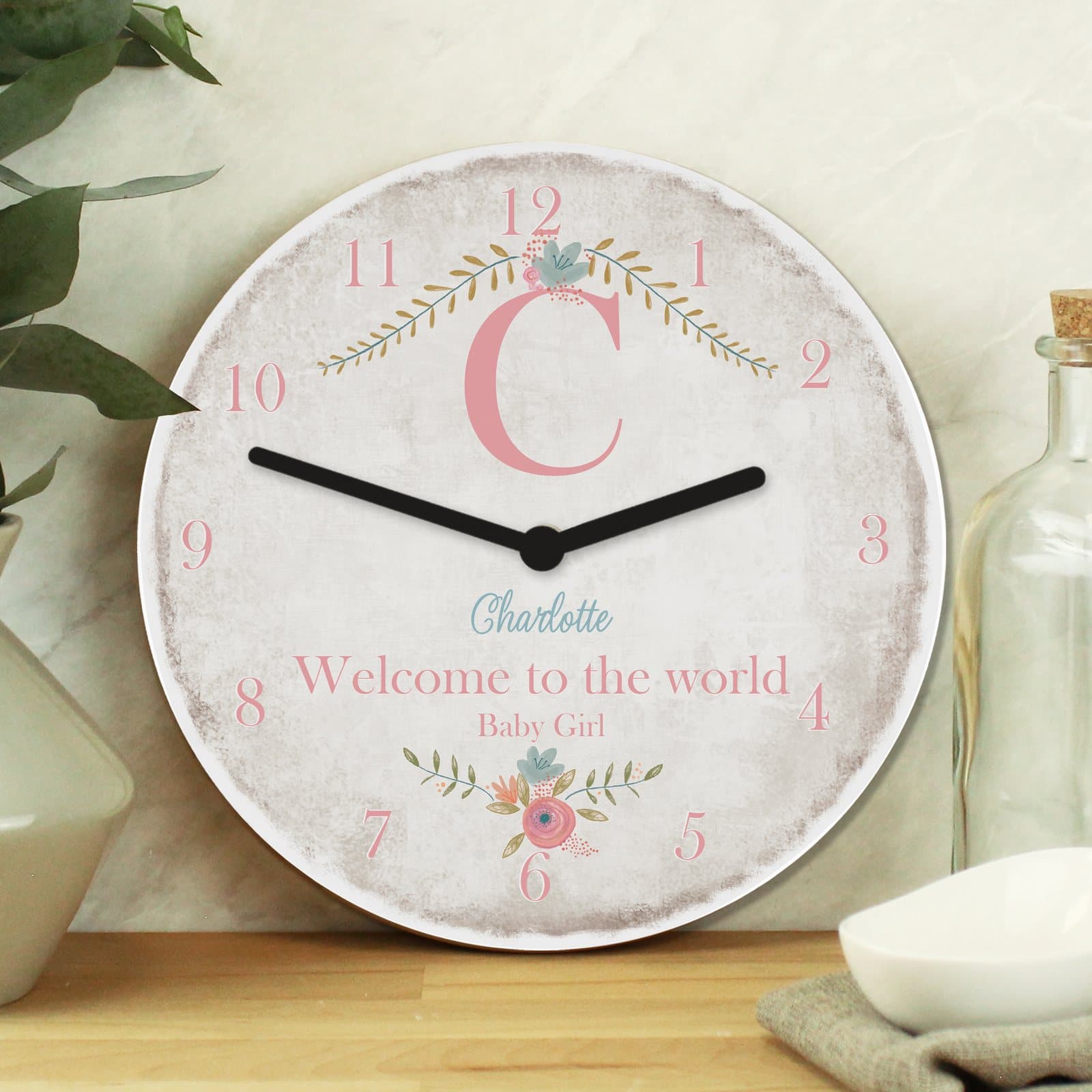 Floral shabby chic white wood clock with an initial