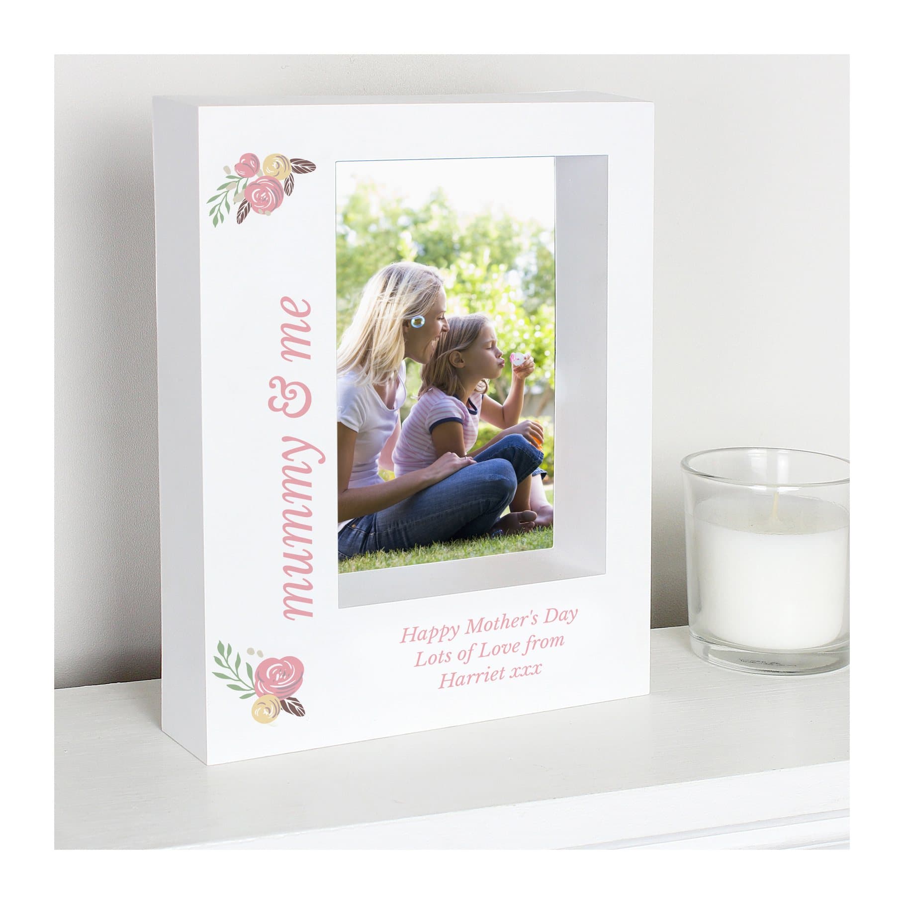 Floral box photo frame with a vertical text line and three lines under the photo