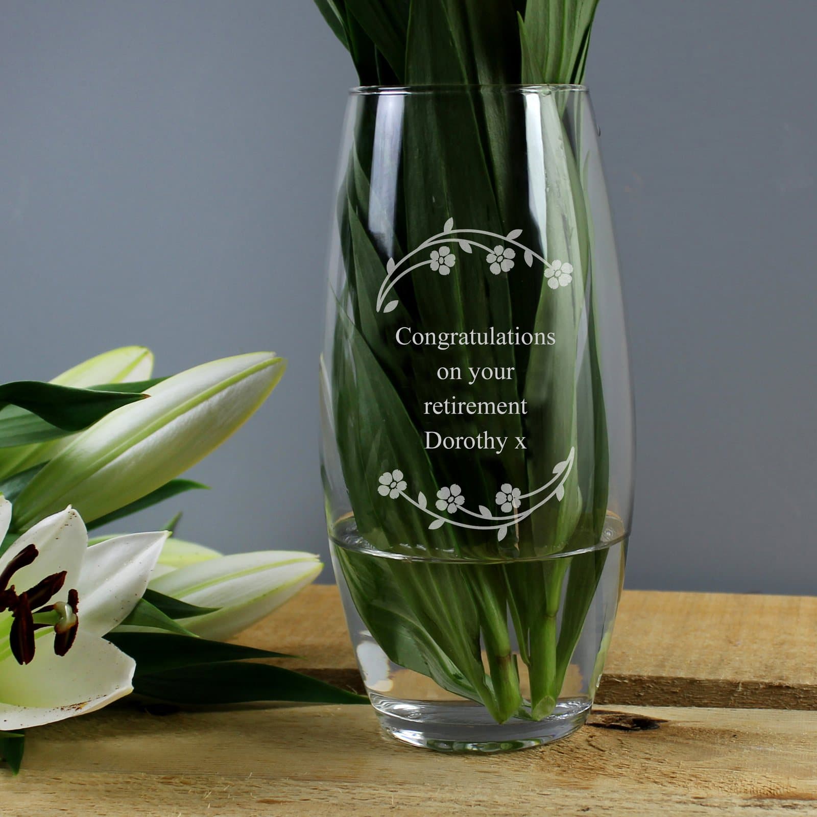 Hand blown glass floral bullet vase with four lines of personalised text