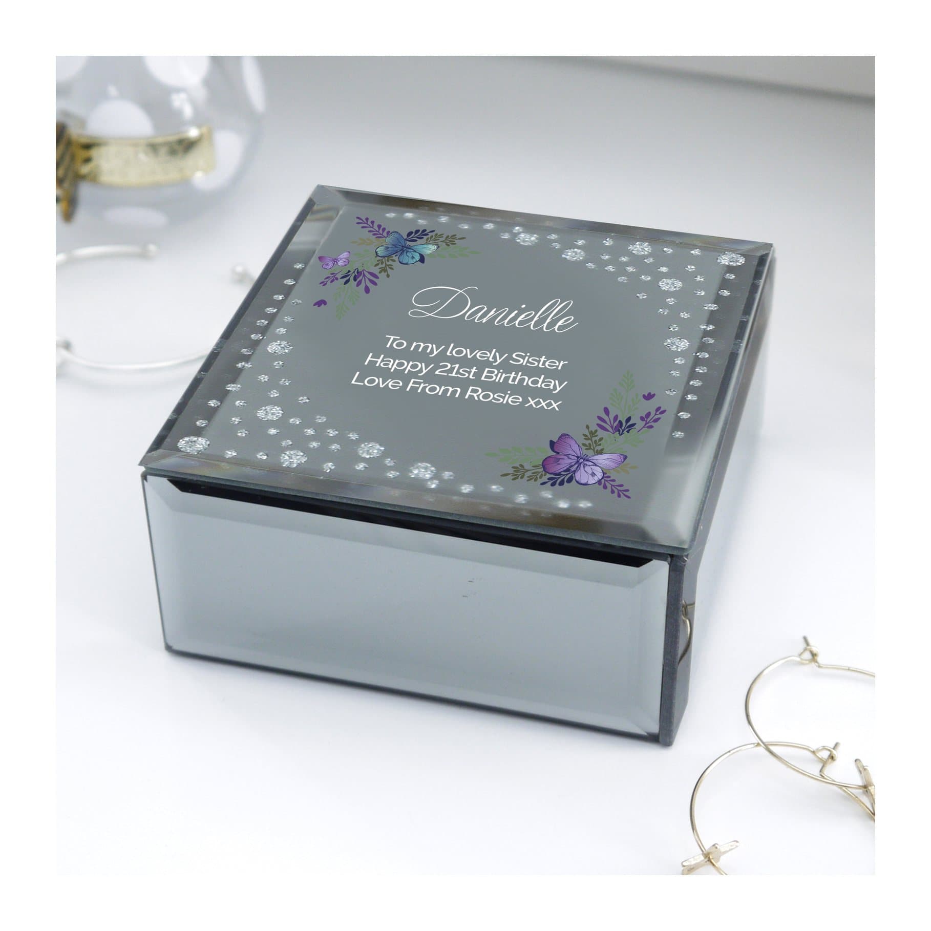 Glass trinket box with a floral butterfly diamante design and personalised text