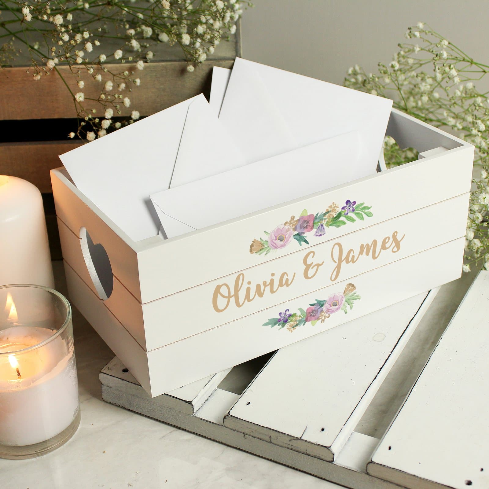 White reclaimed wood crate with heart shaped handles and a personalised line
