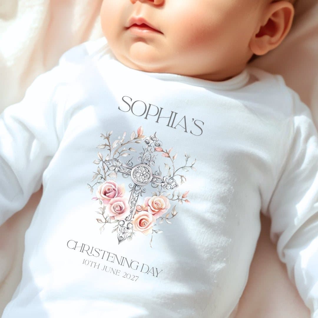 Personalised floral cross christening baby grow, vest or bib