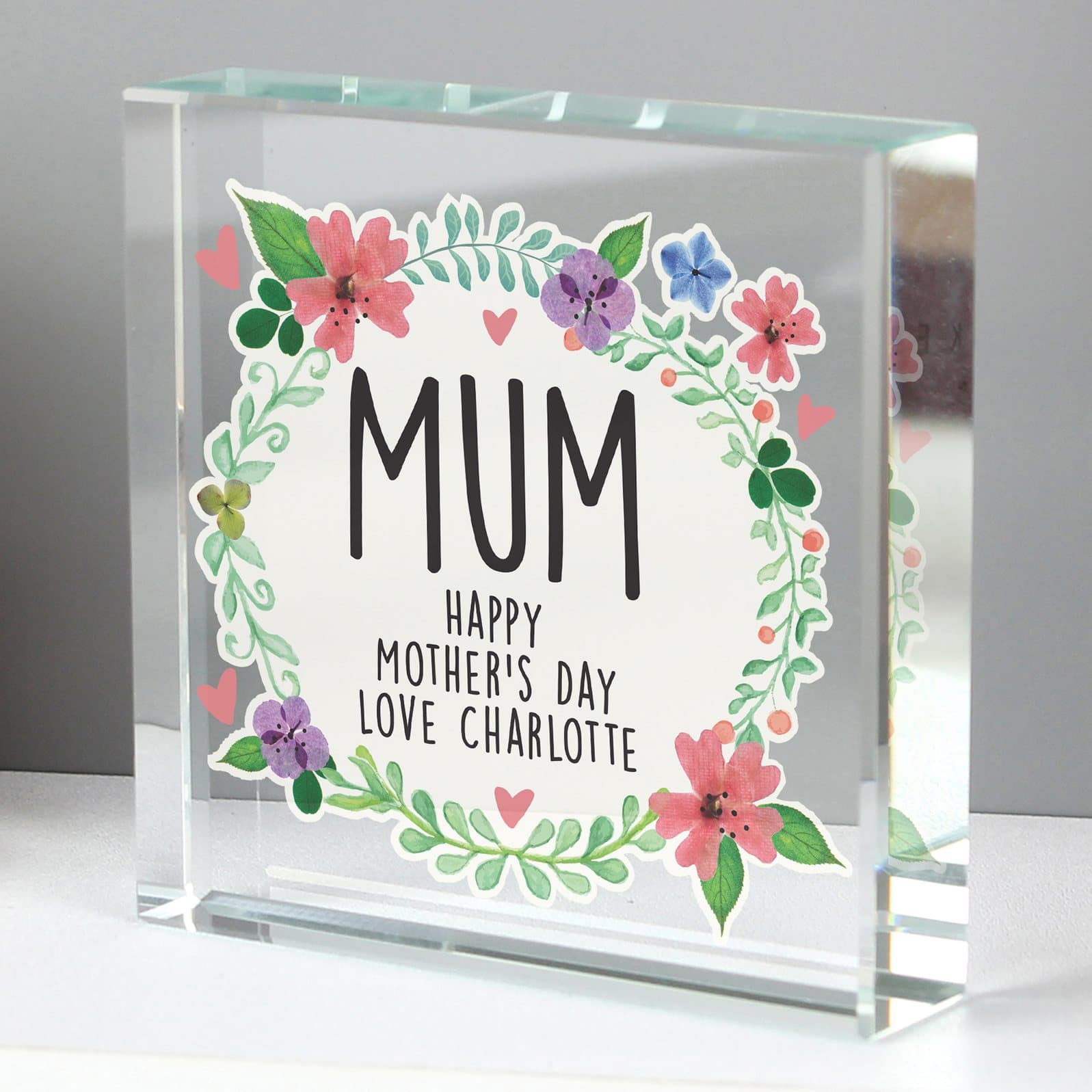 Floral glass crystal token with a personalised name or role and message