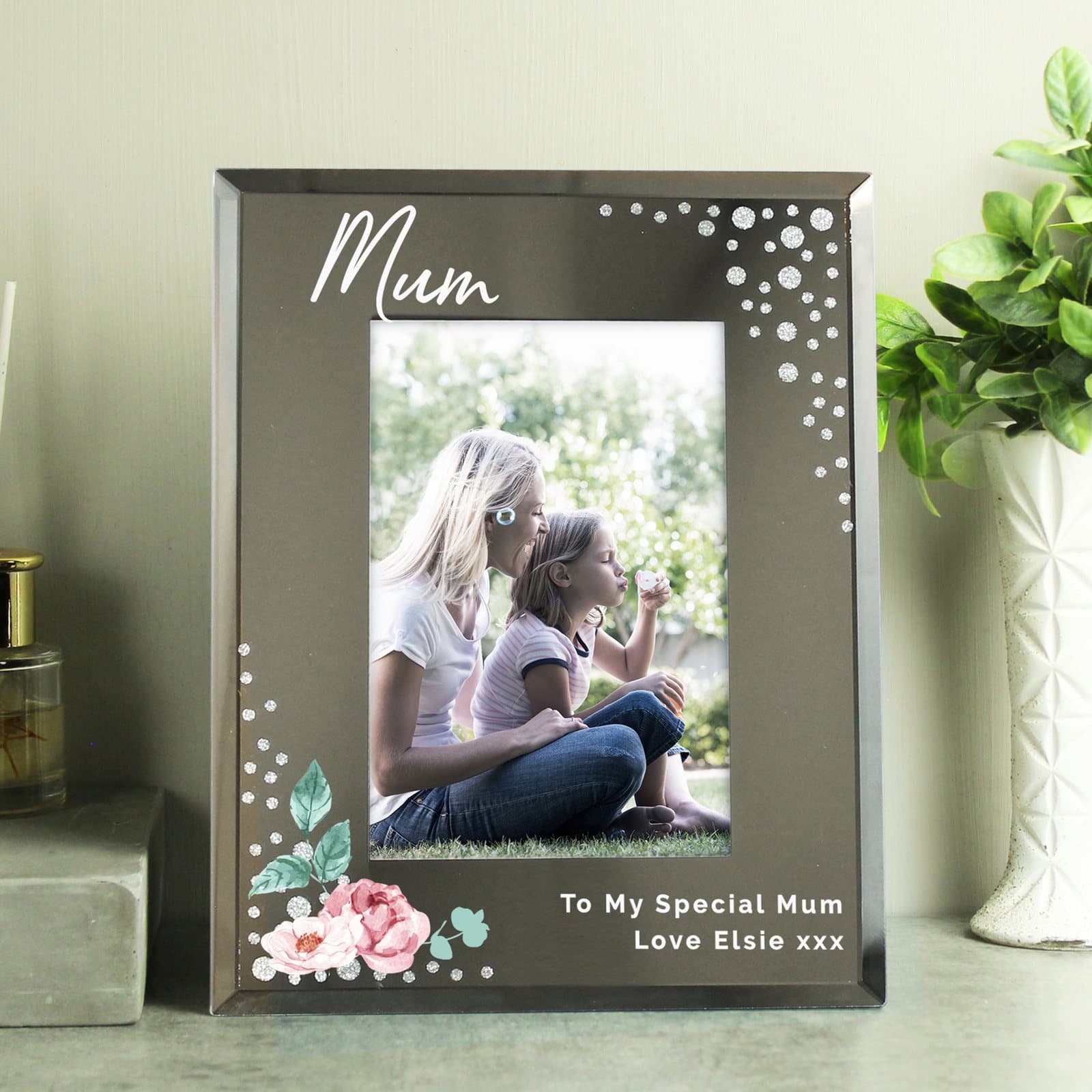 Floral diamante glass photo frame with a mirrored effect and personalised text