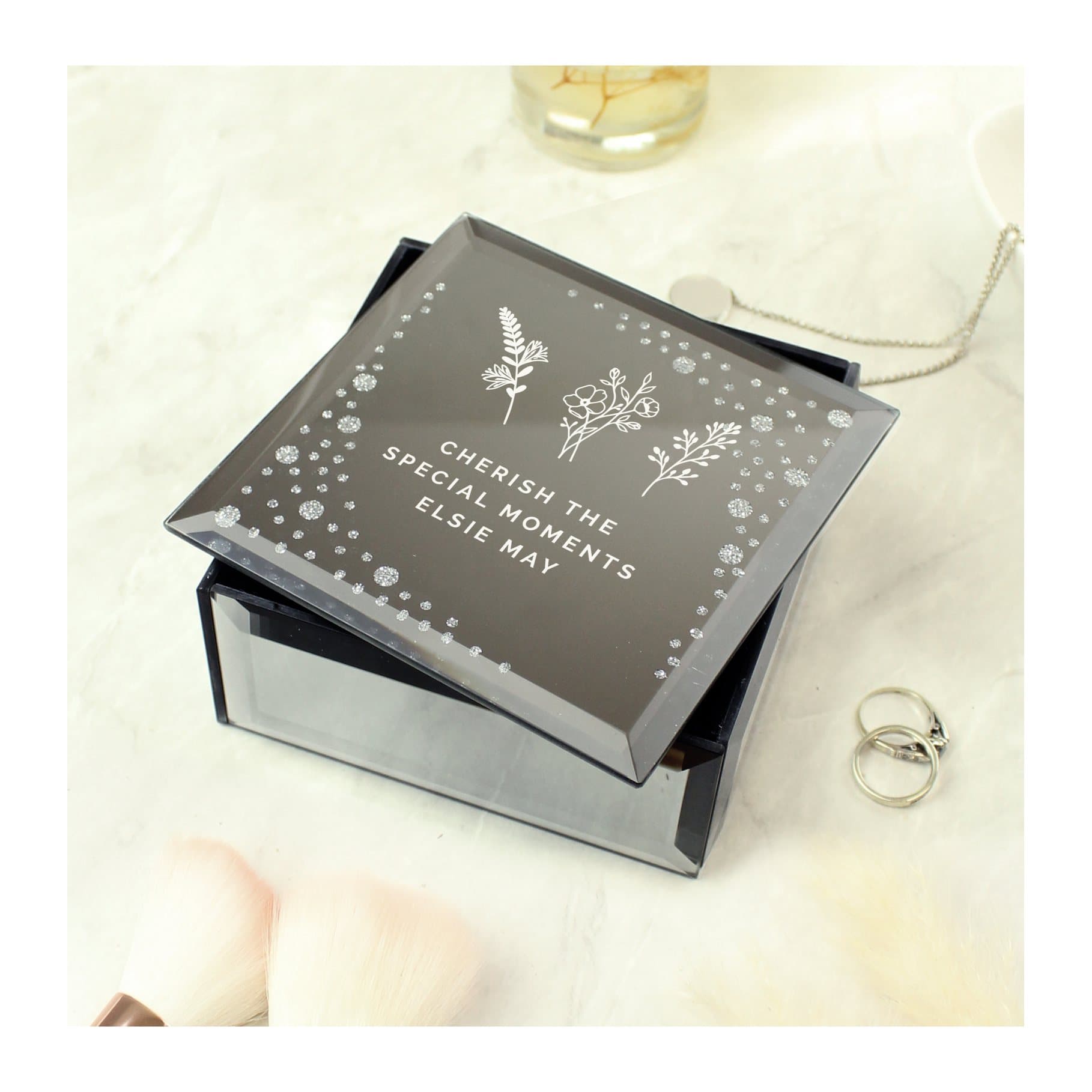 Glass mirrored trinket box with floral diamante details and personalised text