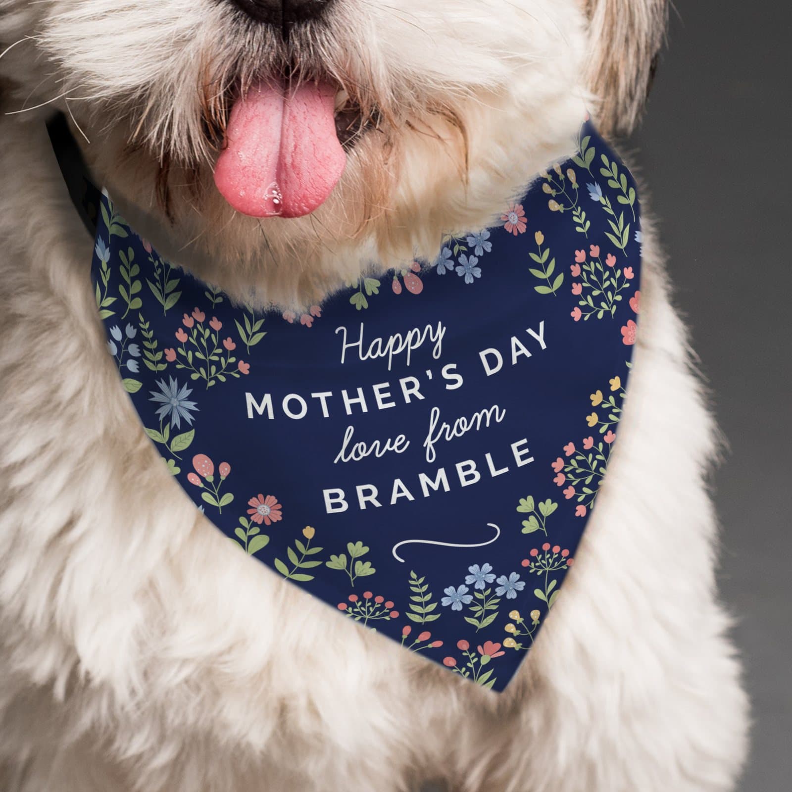Floral dog bandana with personalised lines of text