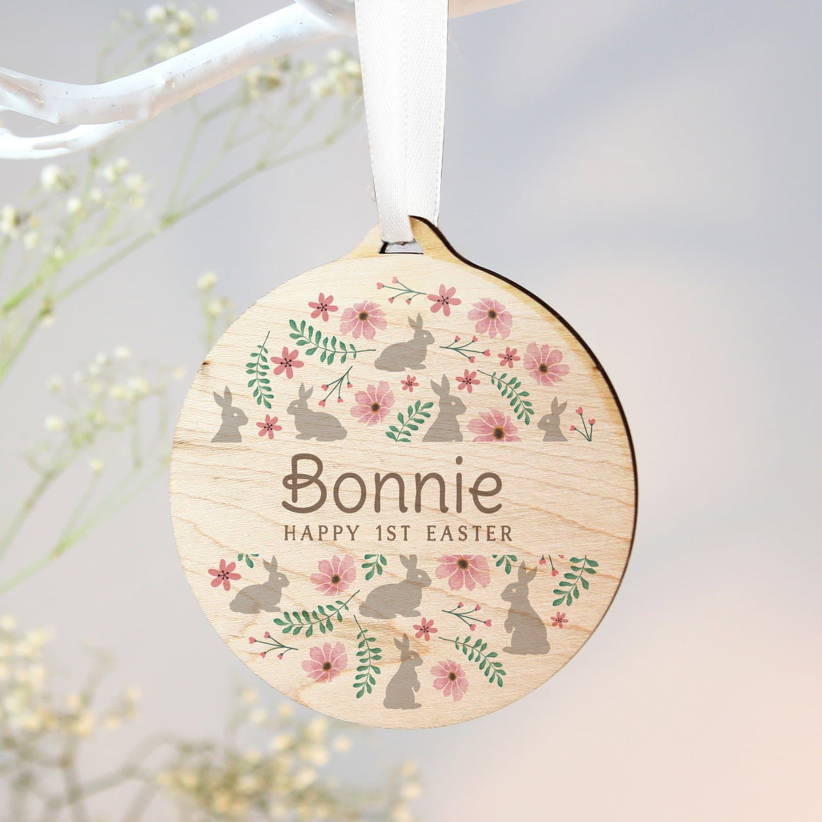 Round wooden floral Easter tree decoration with ribbon and personalised text