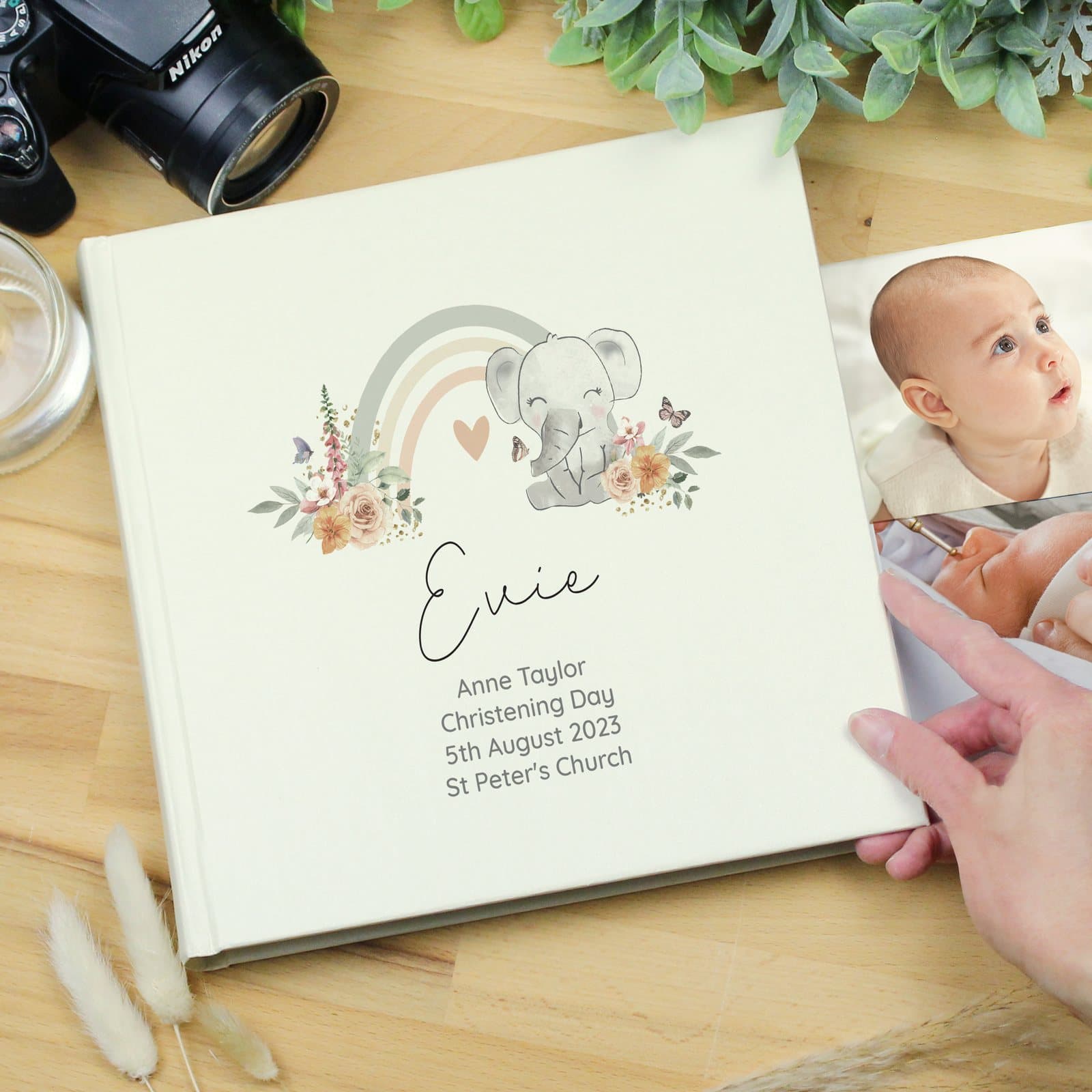 Square floral elephant baby photo album with personalised text