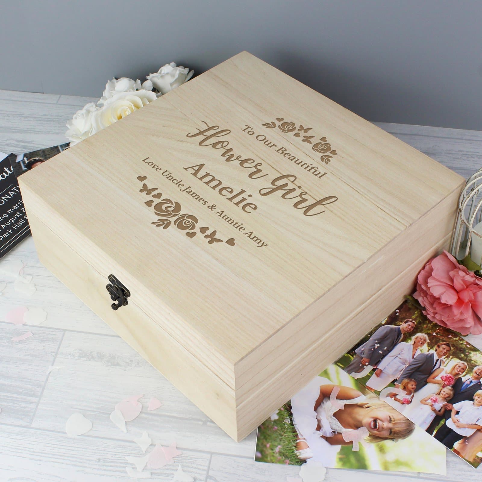 Large wooden keepsake box with a floral design and a metal clasp