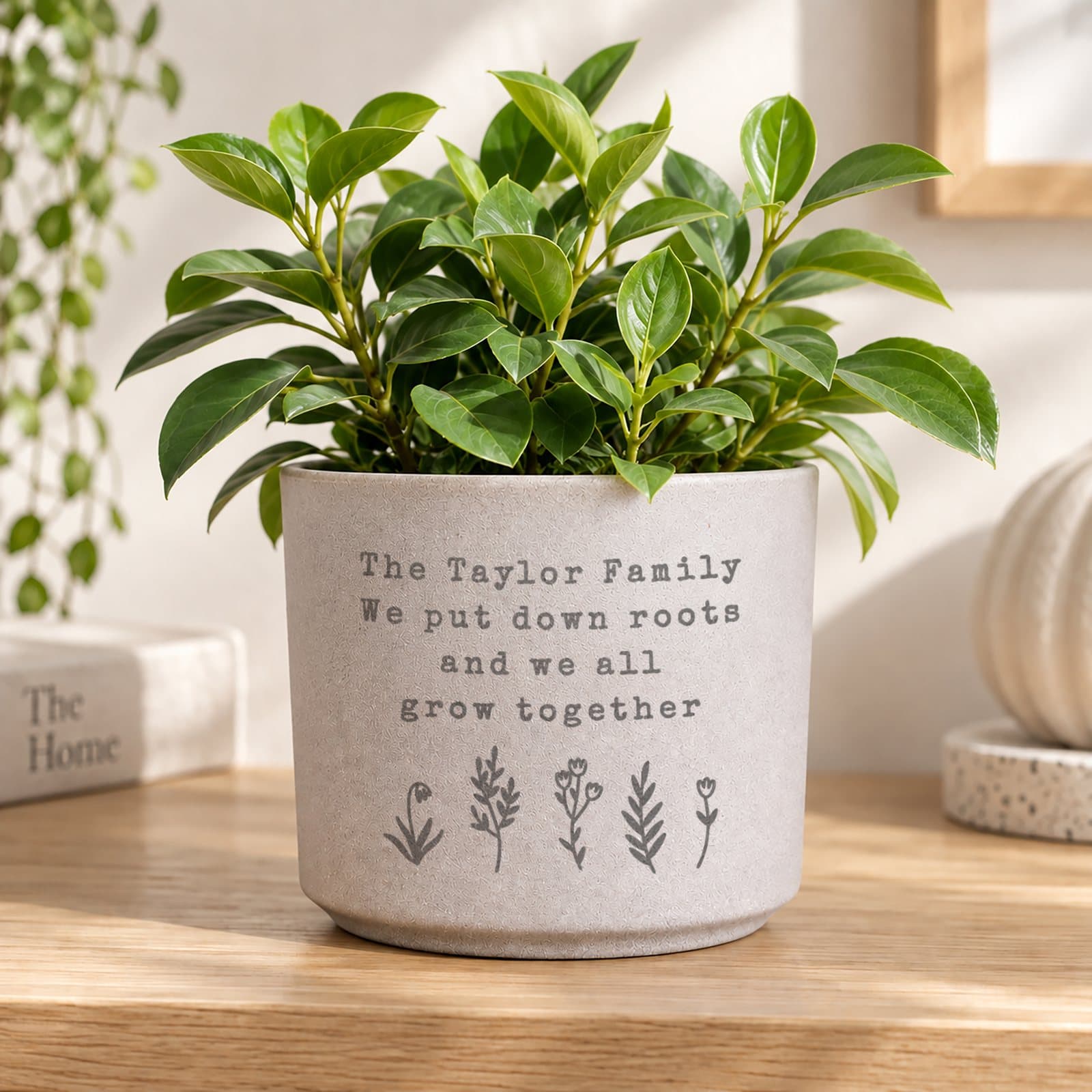 Personalised floral flecked ceramic plant pot with four lines of text
