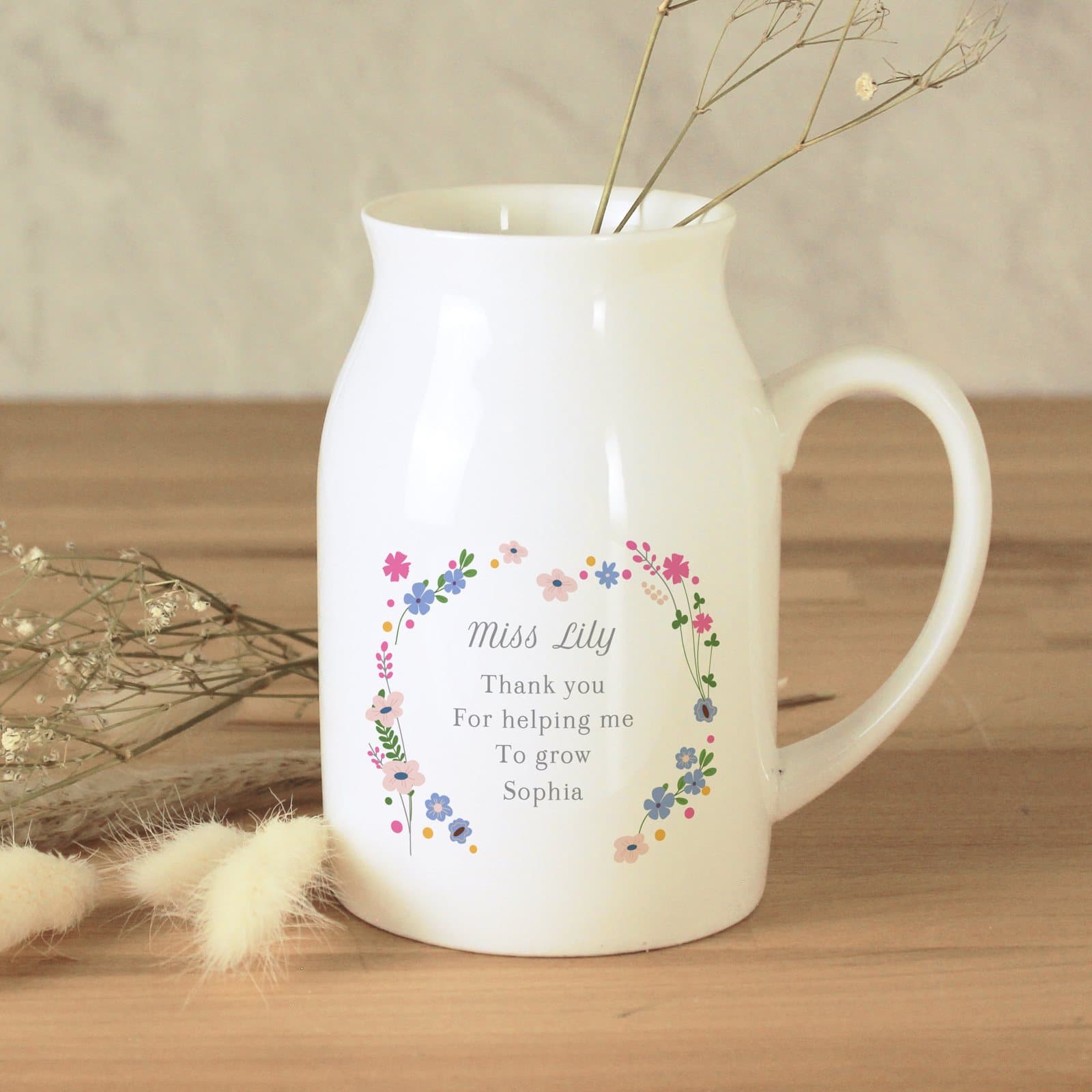 Ceramic floral flower jug personalised with a name and message