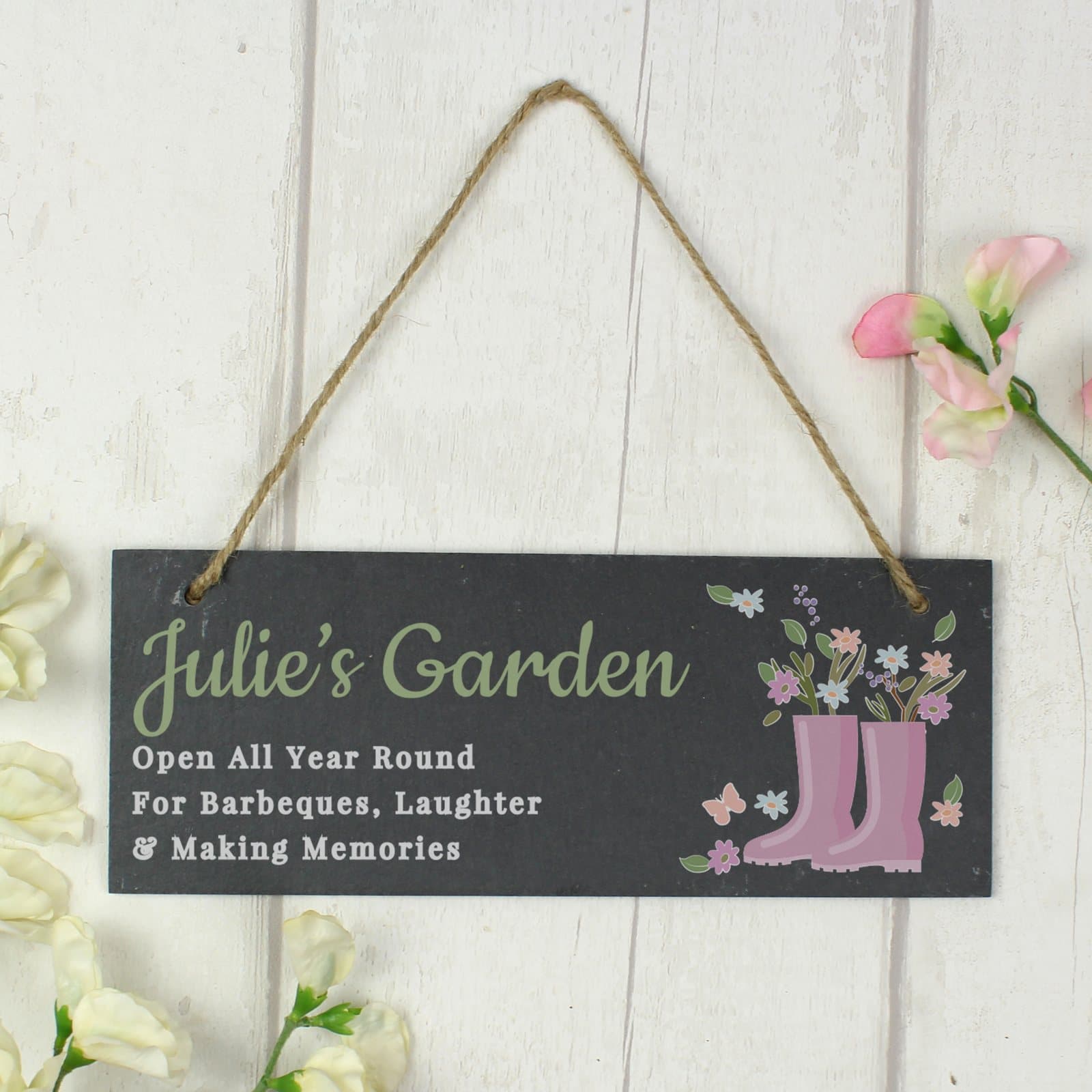 Personalised floral garden slate sign with illustration and lines of text