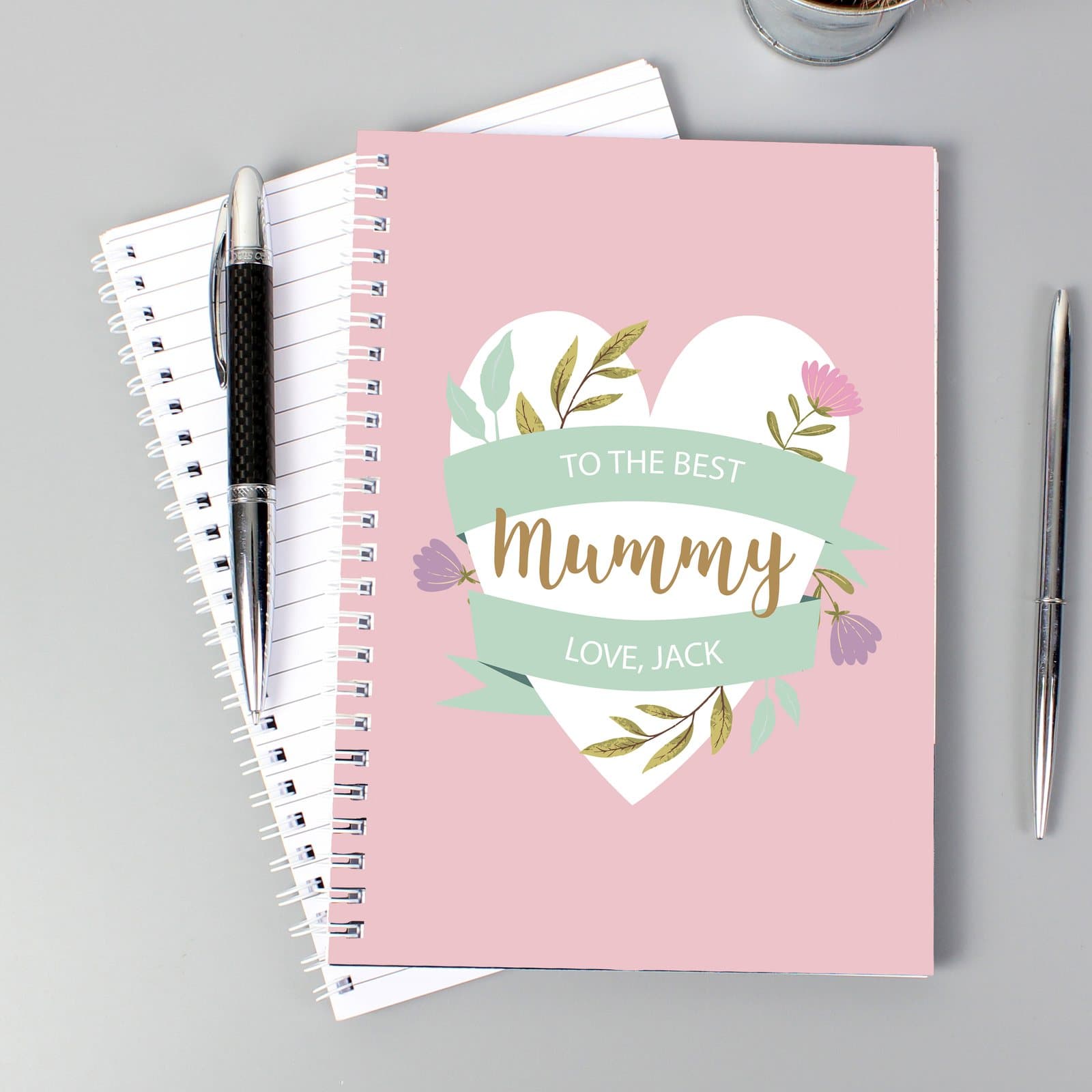 Personalised floral heart A5 notebook with three lines of text